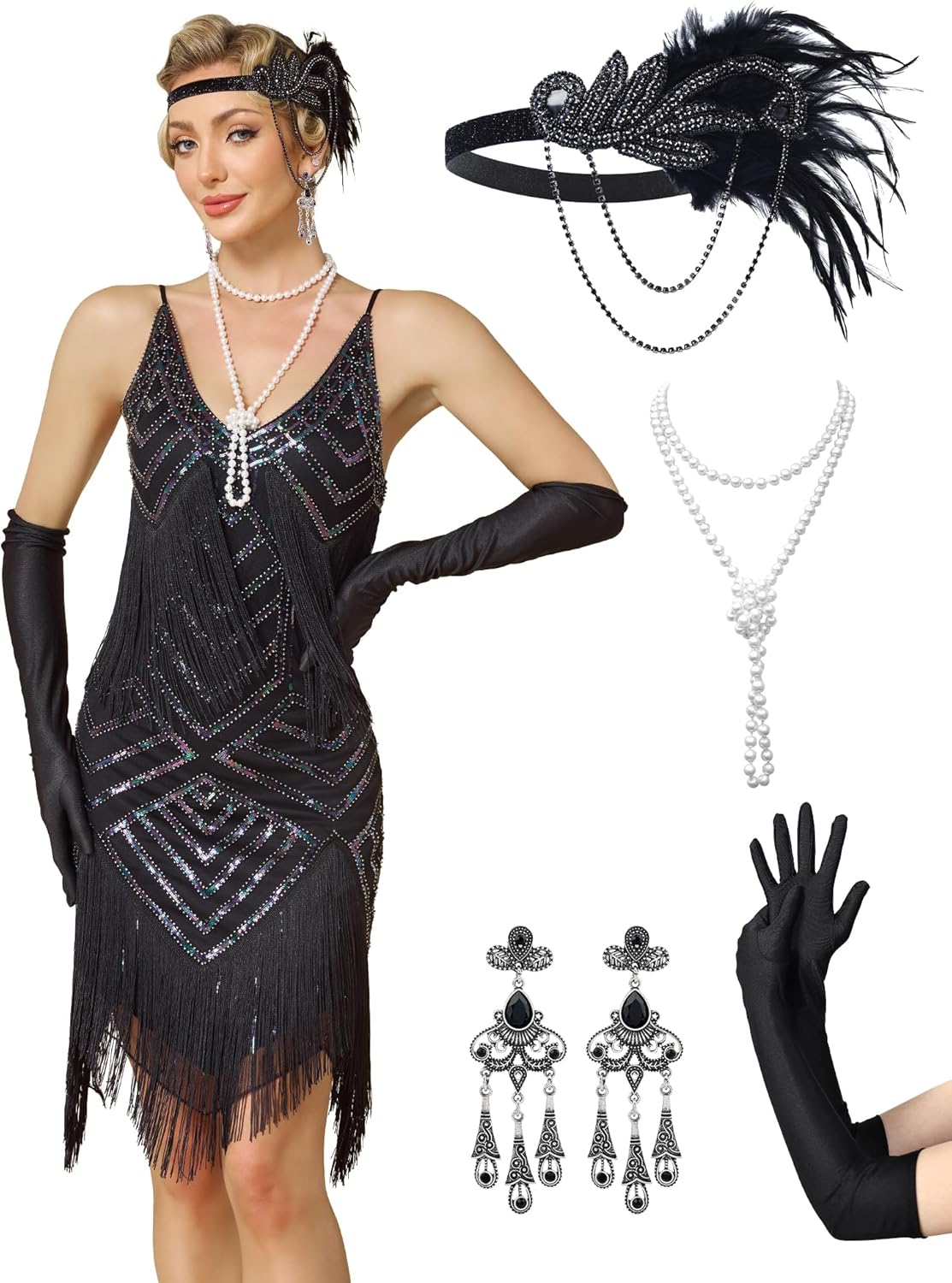 Womens 1920s Flapper Dress,V Neck Great Gatsby Fringe Cocktail Dress with 20s Accessories Set-Roaring 20s Costume