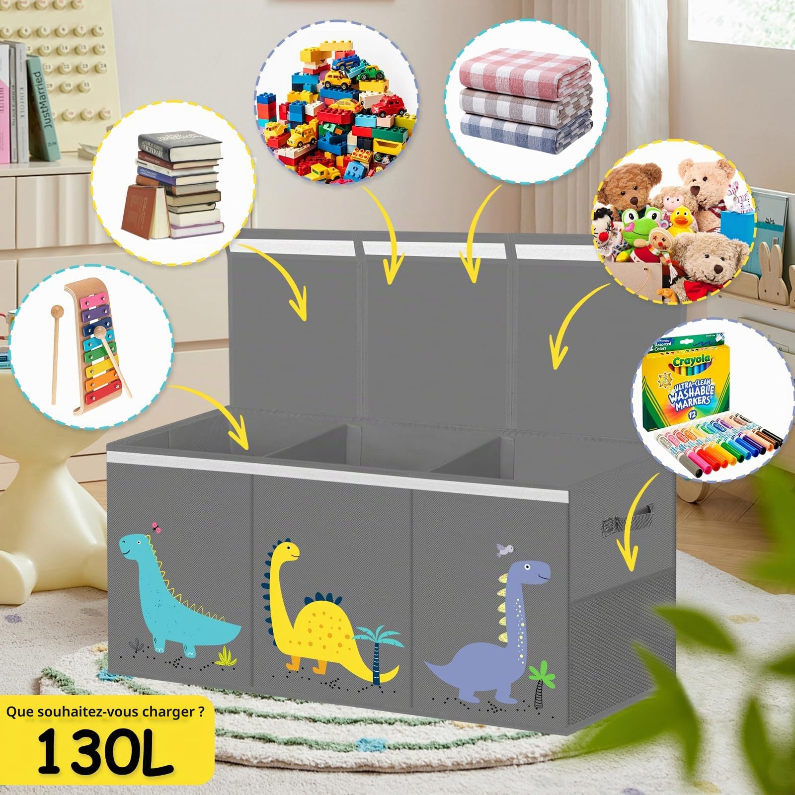 Boîte de rangement à jouets avec couvercle - Extra large - Boîte de rangement pour enfants - Pliable - Avec poignées - Cloison de rangement pour chambre d'enfant, vêtements, chambre à coucher