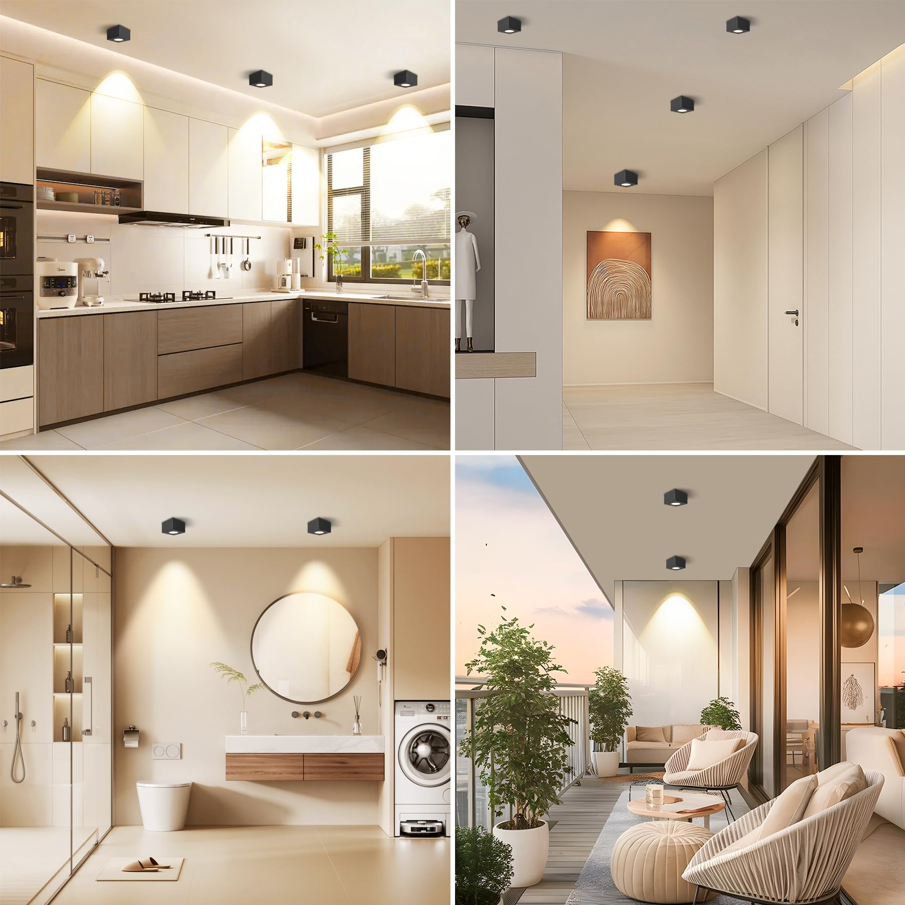 Faretto LED da Superficie IP44 Nero, Faretti da Soffitto quadrato Ø80x50mm con modulo LED 5W 550LM, 3CCT 3000K/4000K/6500K Faretti da Bagno 230V, Faretto Dimmerabile Extra Piatto, Alluminio, 2pcs