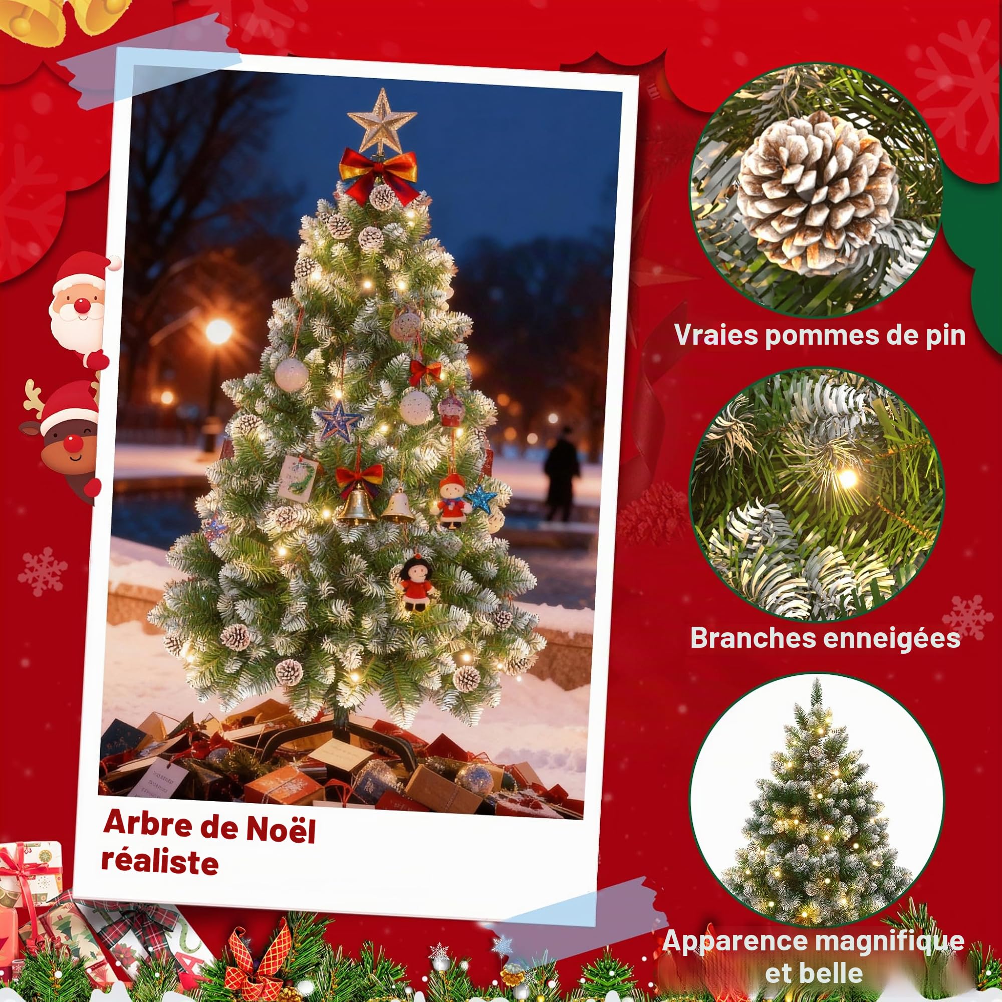 AufuN Sapin de Noël artificiel avec éclairage - 240 cm - Avec neige et pommes de pin - Montage rapide - Avec support