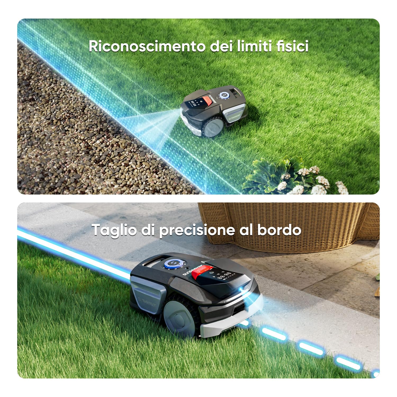 Sunseeker V1 con Garage, Robot Tagliaerba Senza Filo Perimetrale, 300 m² per Piccoli Giardini, Vision AI, Evitamento degli Ostacoli, Pendenze 27%, Taglio con un Clic, Controllo tramite App
