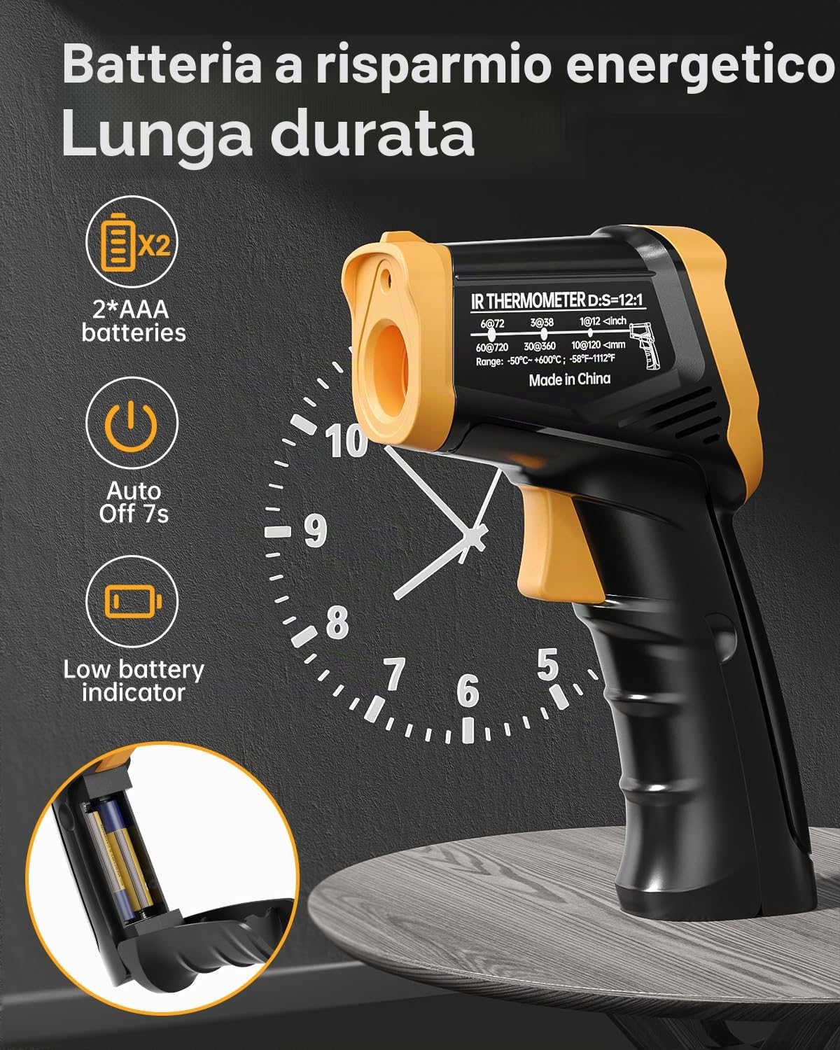 Eventek Termometro Infrarossi, -50 ° C ~ 600 ° C Termometro Laser Digitale Senza Contatto aiutante di cucina, Termometro per Cucina, Forno, Pizza, Freezer, Termometro per Carne Incluso (Non per Umani)