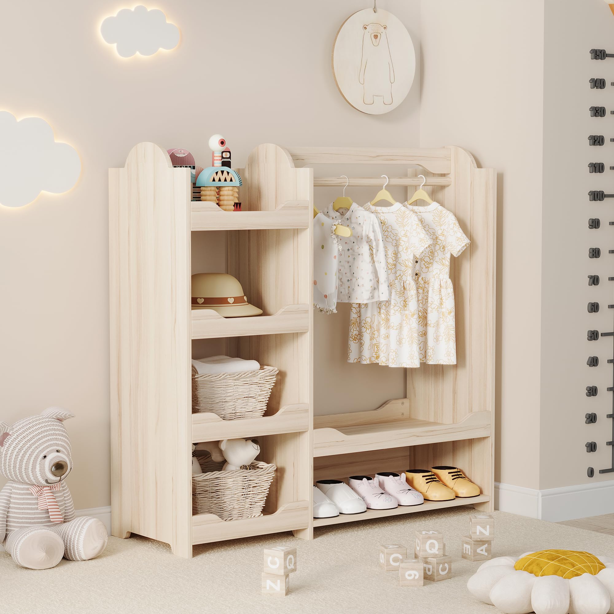 Easexcy Kindergarderobe/Kinderkleiderschrank mit Kleiderstange & 4 Regalen, Aufbewahrung für Kinderzimmer, Standgarderobe Naturholz, 110x39x110 cm Küche, Haushalt & Wohnen