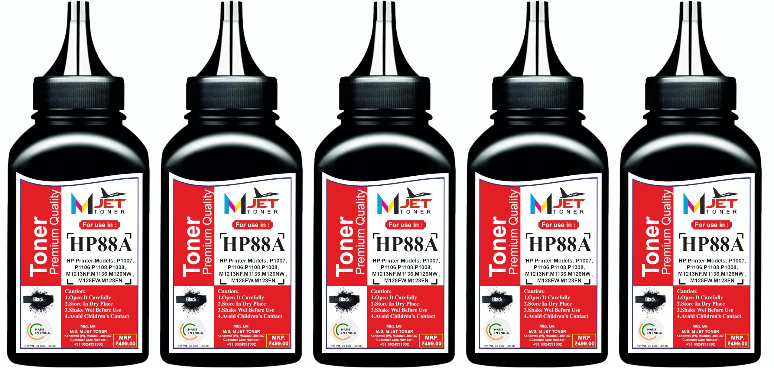 M JET TONER 88A Toner Powder Refill for HPP88A, CC388A Cartridge -80gm, for HHP Laserjet Printer P1007 P1106 P1108 P1008 M1213nf M1136 M126nw M128fw M128fn M226DW M226DN MFP (Pack of-5)