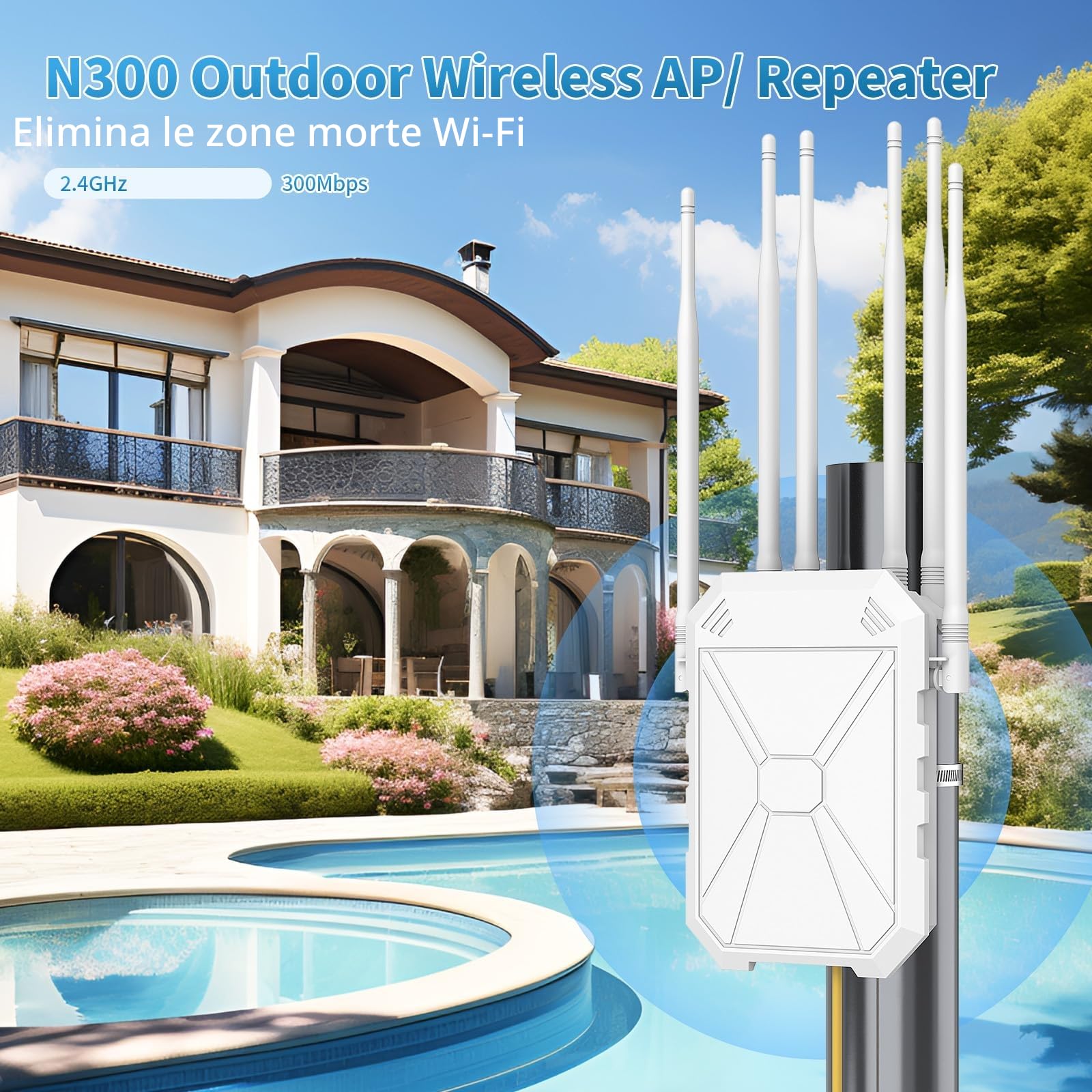 Ripetitore Wi-Fi per esterni N300 con 6 antenne, amplificatore Wi-Fi a lunga distanza per esterni, IP67 resistente alle intemperie, PoE passivo, modalità AP/router/ripetitore, porta Ethernet, per