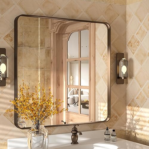 Miniatura 9 de Espejo de pared con marco de oro rosa de 40 x 30 pulgadas, espejo rectangular de tocador de baño, espejo de pared con aleación de aluminio, marco de