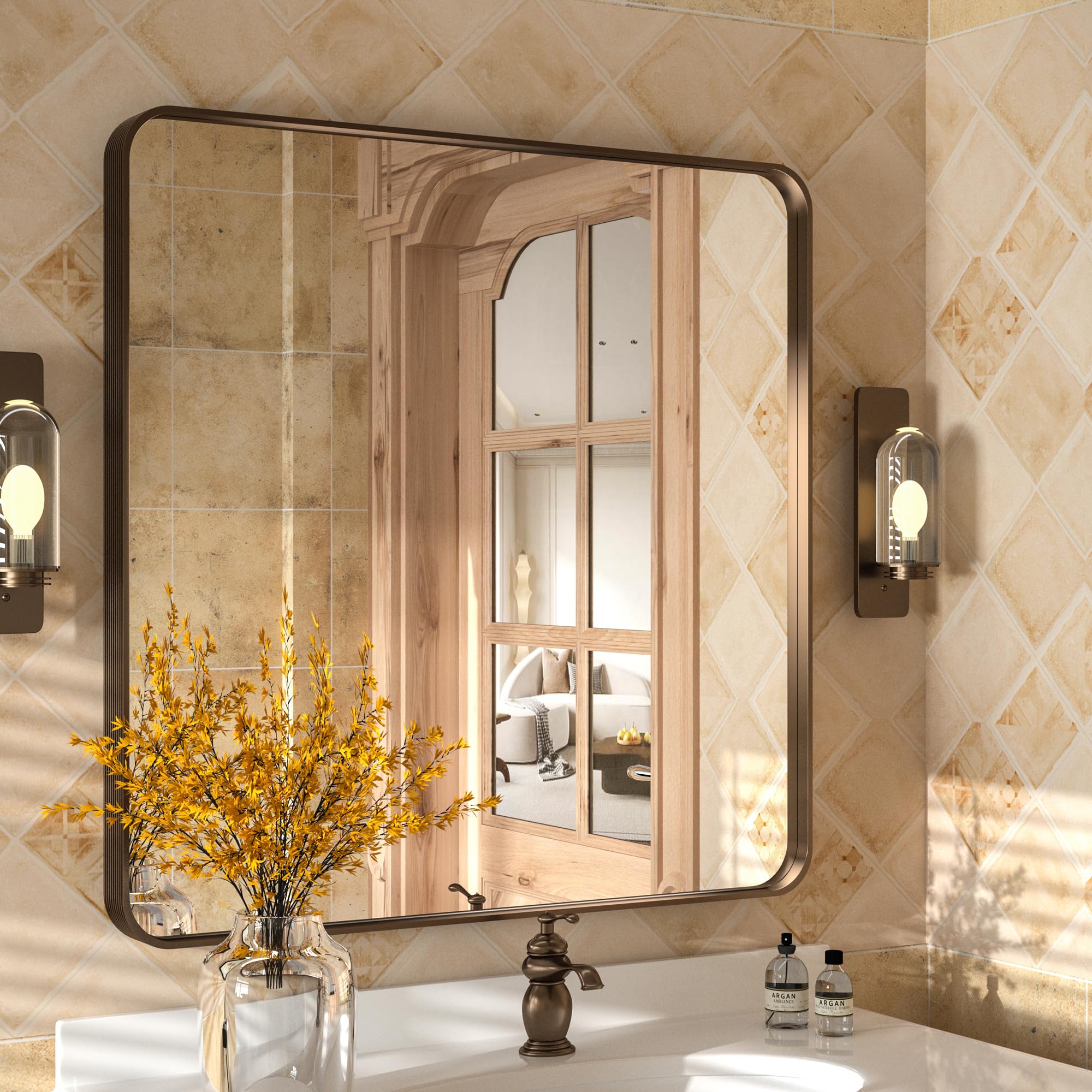 36 x 36 Inch Brown Framed Bathroom Mirror for Wall, Bronze Bathroom Vanity Mirror with Ribbed Texture Aluminum Alloy Metal Frame Square Wall Mounted Mirrors Farmhouse Wall Mirror