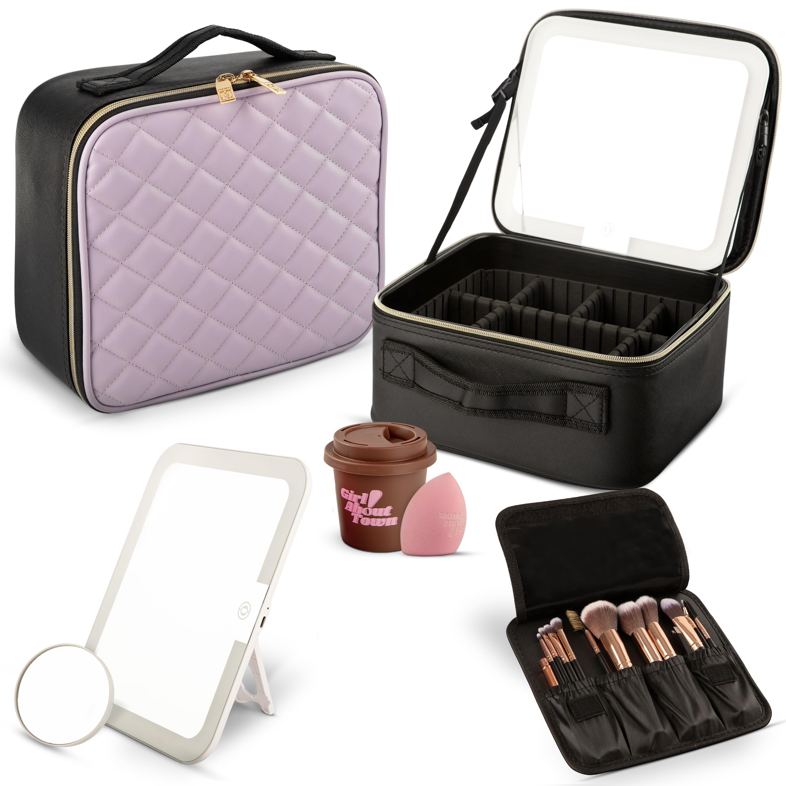 Girl About Town Travel Makeup Bag with LED Mirror - LED Makeup Bag with 10x Magnifier Mirror and Beauty Blender Included - Water-Resistant & Customizable Makeup Case with Lighted Mirror