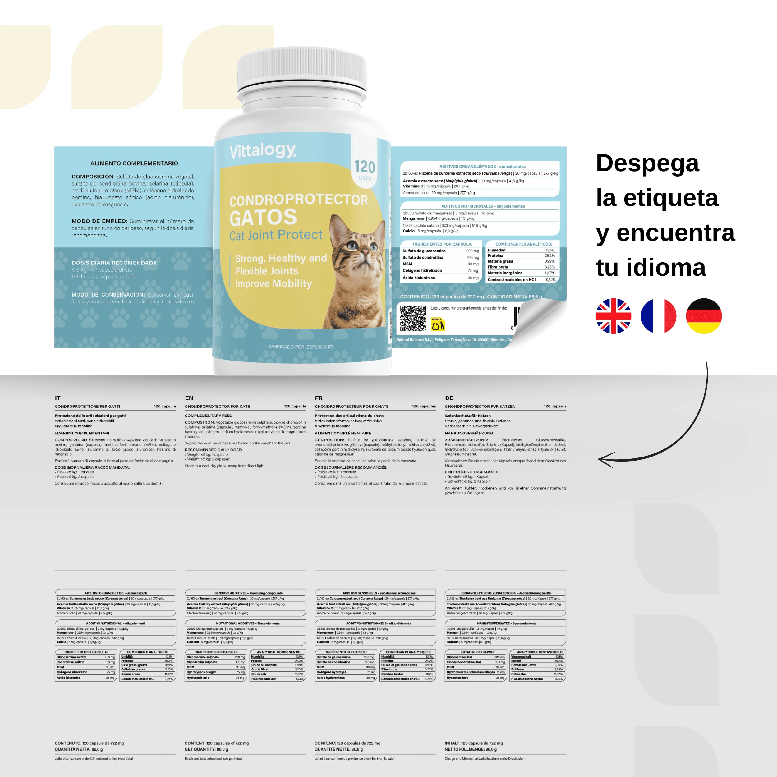 Condroprotector para Gatos. Antiinflamatorio Natural con Colágeno, Condroitina, Hialurónico y Cúrcuma. Complemento Alimenticio para Caderas, Articulaciones y Cartílagos. (120 Cápsulas)