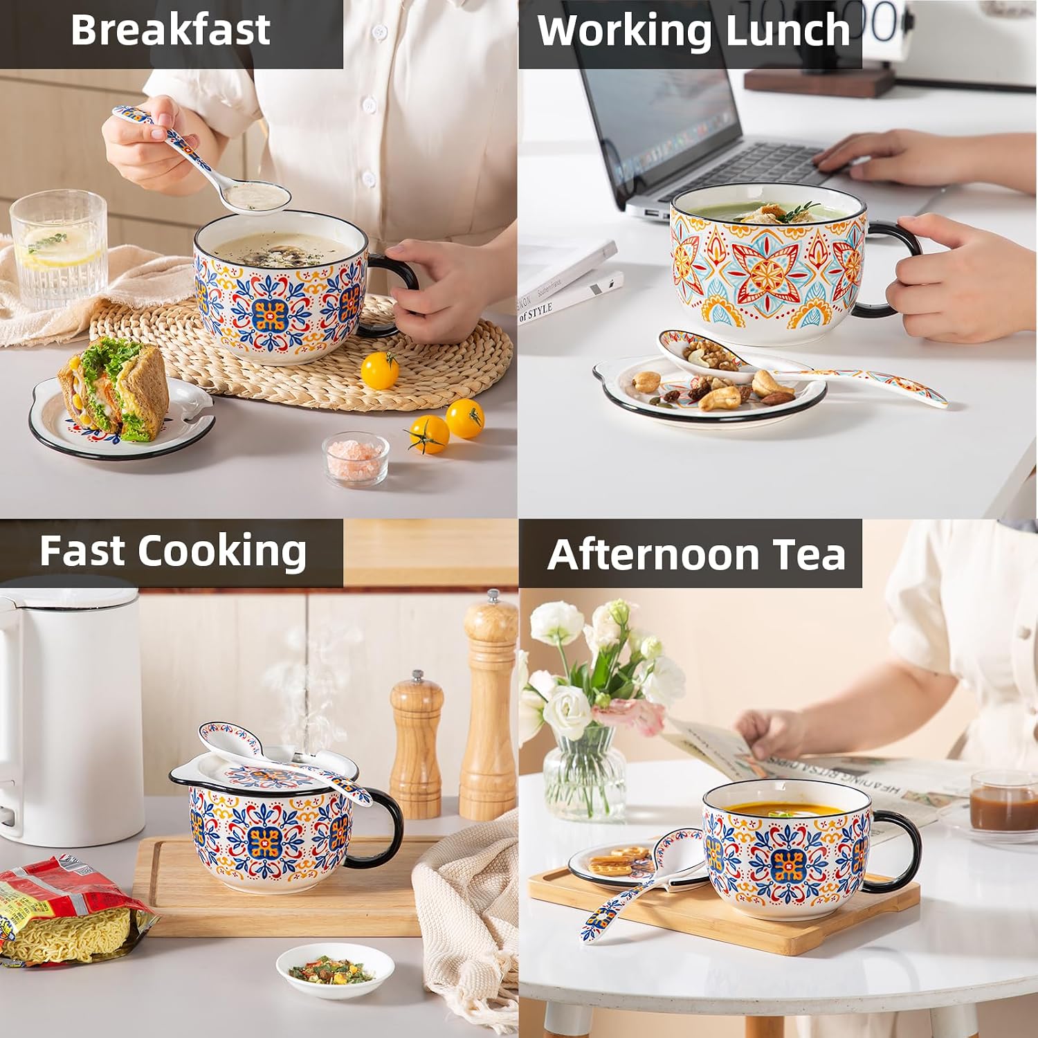 Extra Large Ceramic Soup Bowl with Lid & Spoon, Microwave Safe | Bowl with Plate Combo - for Ramen Cereal Oatmeal Noodles Sandwich Chip & Bread Dip Cracker - Big Handle, 32 oz, C-pattern