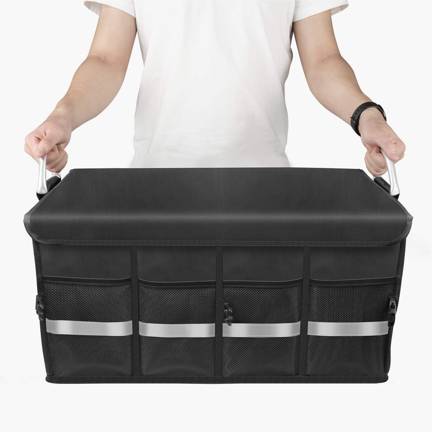 Oasser - Organizador para maletero de coche (65 L, en 1680D, soporte 50 kg, impermeable, multicompartimiento plegable, con tapa plegable y banda reflectante, para SUV y camiones