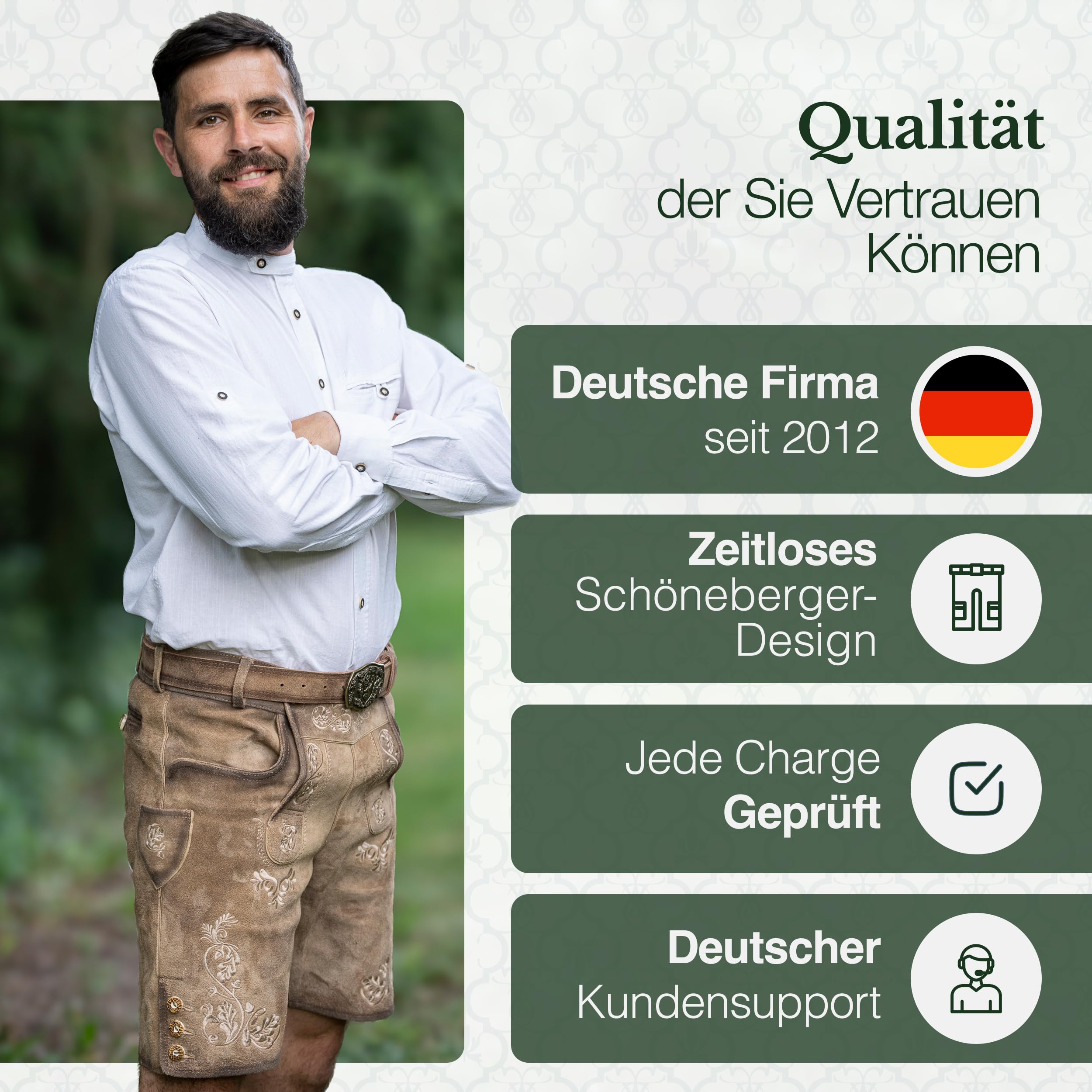 Schöneberger Trachten Couture Męskie spodnie skórzane krótkie z paskiem do stroju ludowego, tradycyjne spodnie w stylu vintage na Oktoberfest ze skóry nubukowej, Lugano