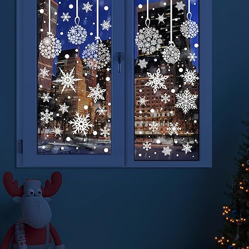 Miniatura 4 de AnyDesign 9 hojas de calcomanías navideñas para ventana, diseño de copo de nieve, calcomanías de doble cara para decoración de ventanas de Navidad,