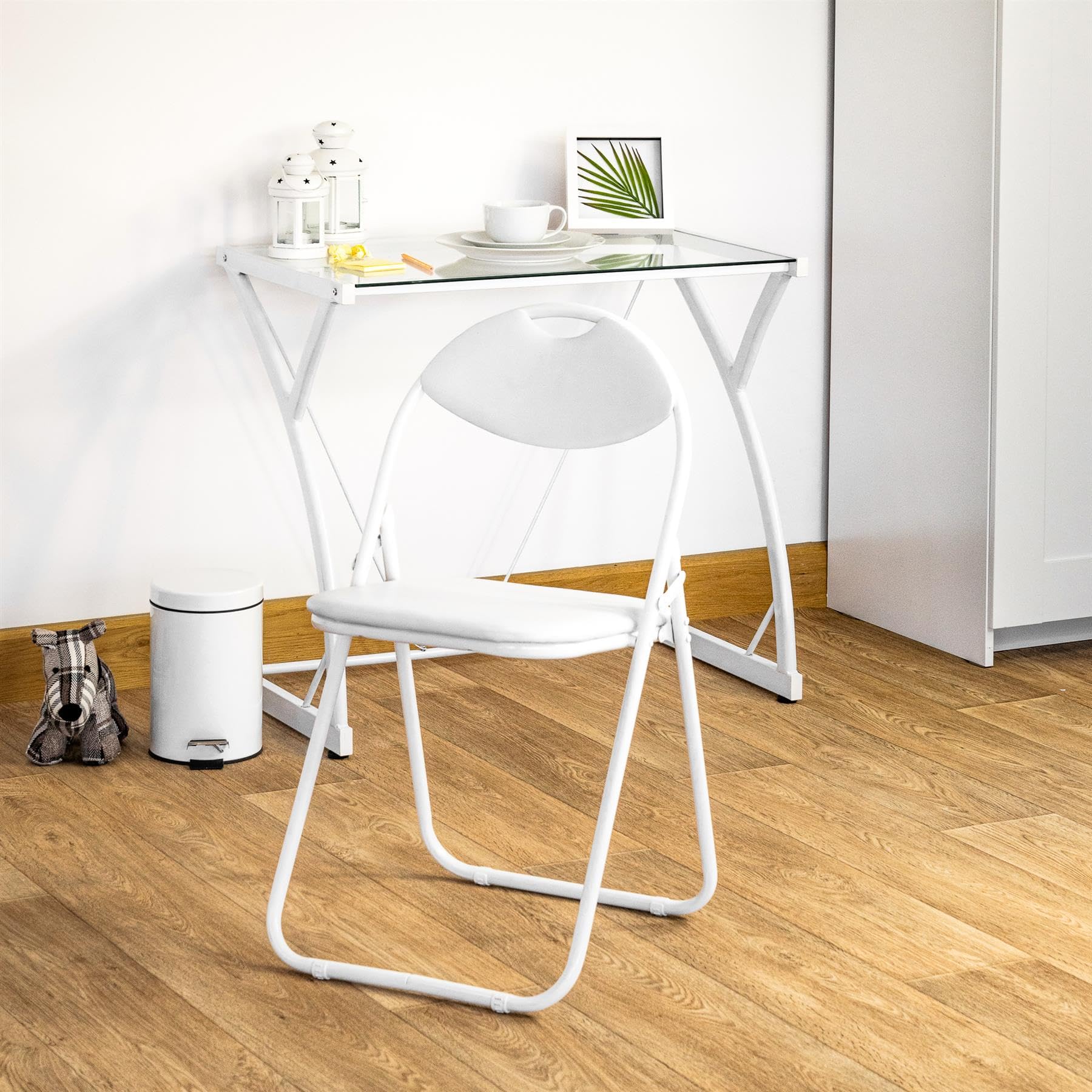 2pc Blanco/Blanco Juego de Escritorio y Silla con Tapa de Vidrio - 80cm x 50cm x 71cm Pequeño Oficina en Casa Dormitorio Juegos de Computadora Estudiar Mesa - Por Harbour Housewares