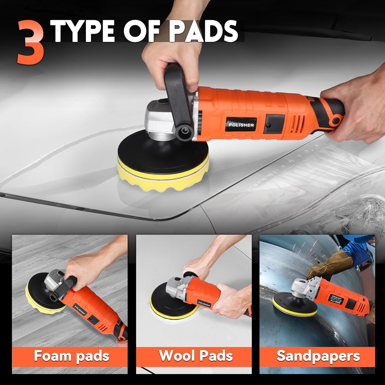 Buffer Polisher, Powerful Buffer Waxer, 7 Variable Speed 1000-3500 RPM,Rotary Polisher with 6" and 7" Backing Plate, 1580W Rotary Polisher for Car Polishing, Waxing, Glaze, Sanding - Image 6