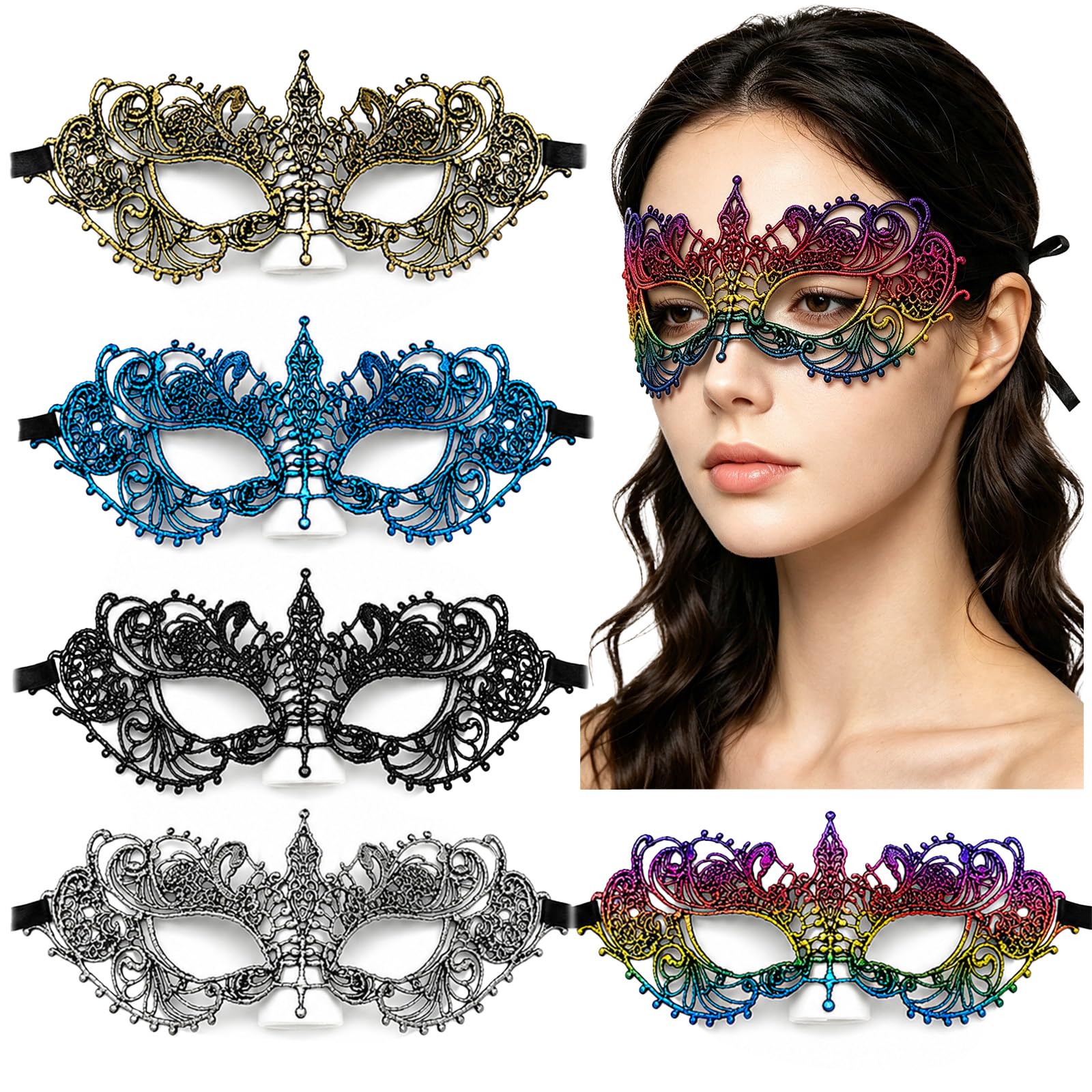 5PCS Masquerade Mask for Women Lace Mask for Half Face Halloween Set