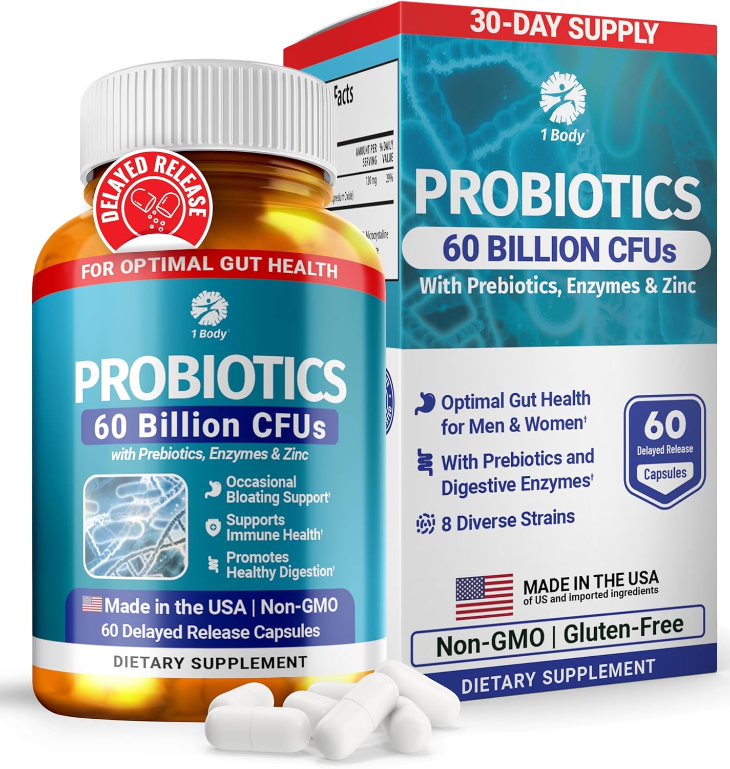 1 Body 60 Billion Probiotics for Men & Women, Gut Health for Men & Women with Prebiotics, Digestive Enzymes, Zinc & L-Glutamine, Supports Digestive Comfort, Non-GMO, 60 Vegan Probiotic Capsules