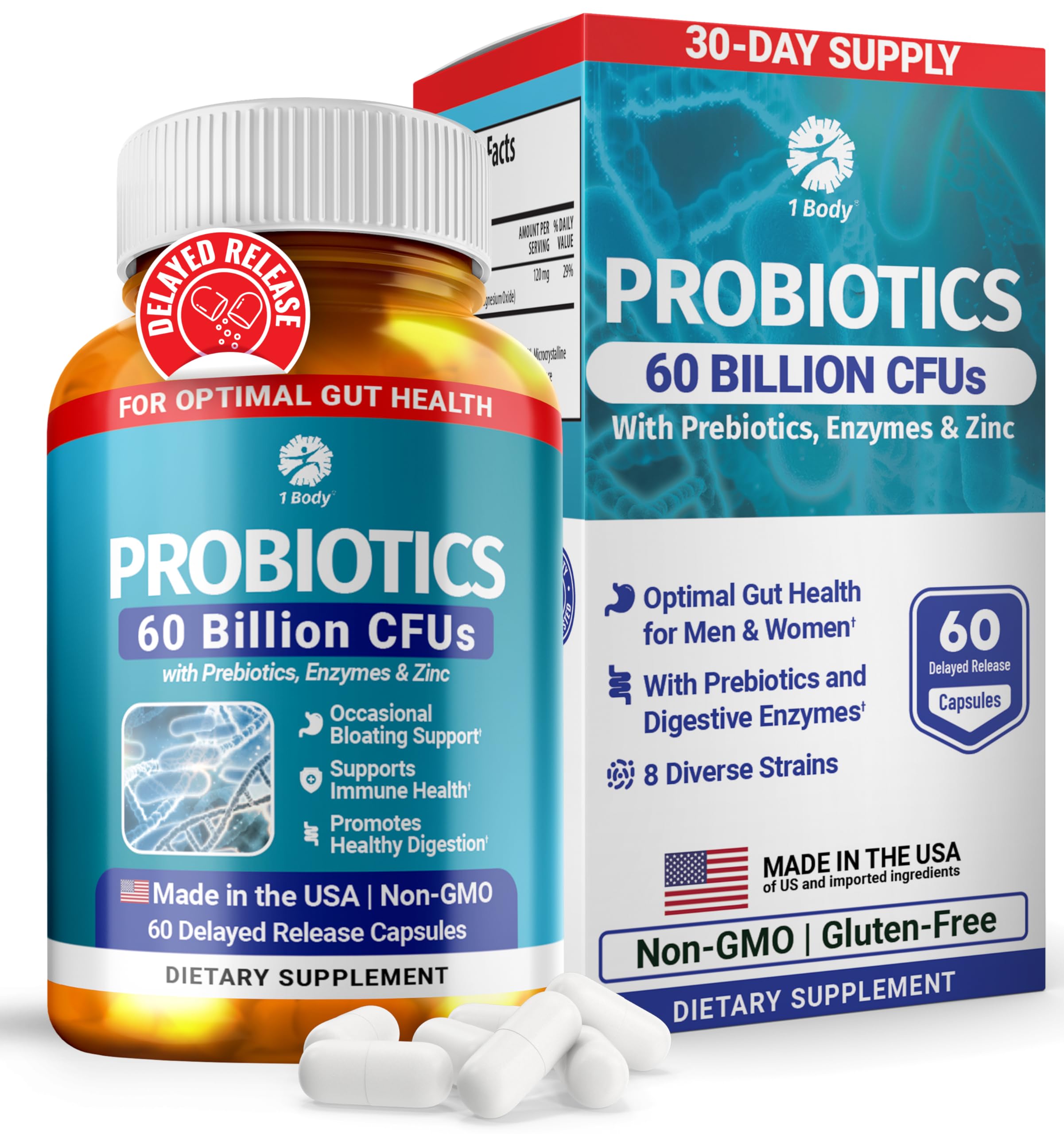 1 Body 60 Billion Probiotics for Men & Women, Gut Health for Men & Women with Prebiotics, Digestive Enzymes, Zinc & L-Glutamine, Supports Digestive Comfort, Non-GMO, 60 Vegan Probiotic Capsules