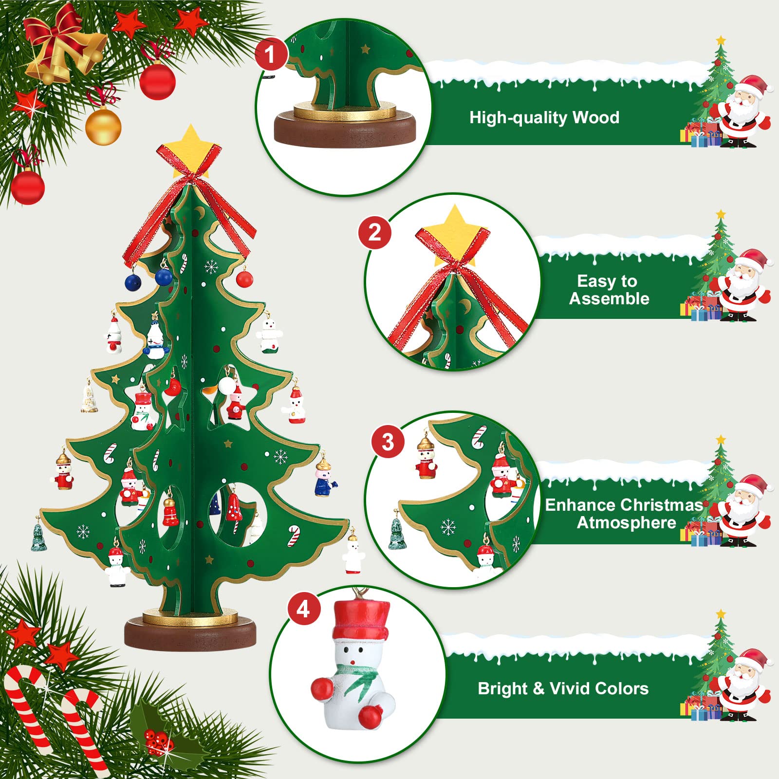 LEMESO Calendario de Adviento Árbol de Navidad Madera 3D con 24 Decoraciones Colgantes 35,5cm