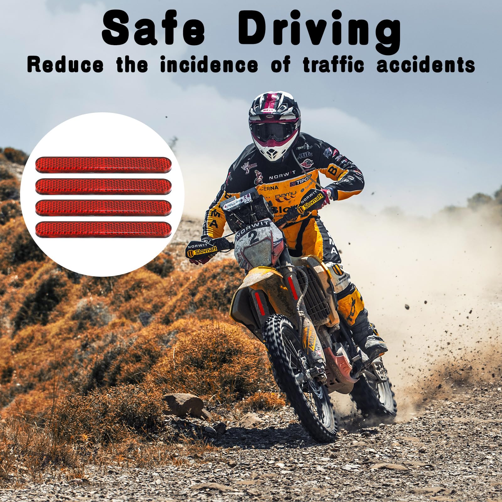 Zestaw 4 sztuk katadioptrów samoprzylepnych do motocykli, 100×13×7mm Odblaskowy Trójkąt Motocyklowy Oczy Kota Z Homologacją E4, Mini Reflektor Uniwersalny do Rowerów, Prostokątny Czerwony