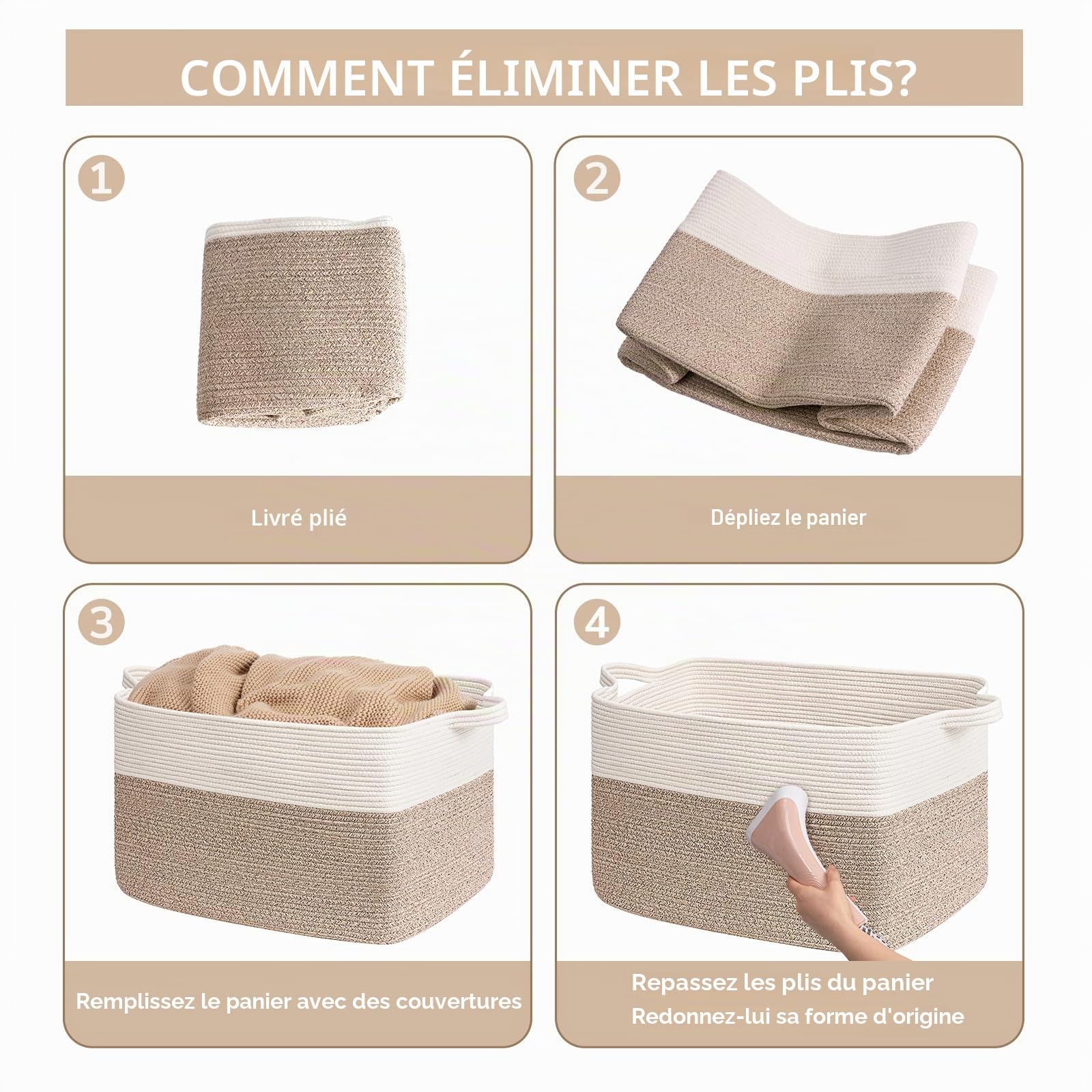 TIMEYARD Panier à linge rectangulaire - 85 l - Panier de rangement pour jouets de bébé - Panier de rangement pour couvertures, coussins, serviettes d'invités - Blanc et marron