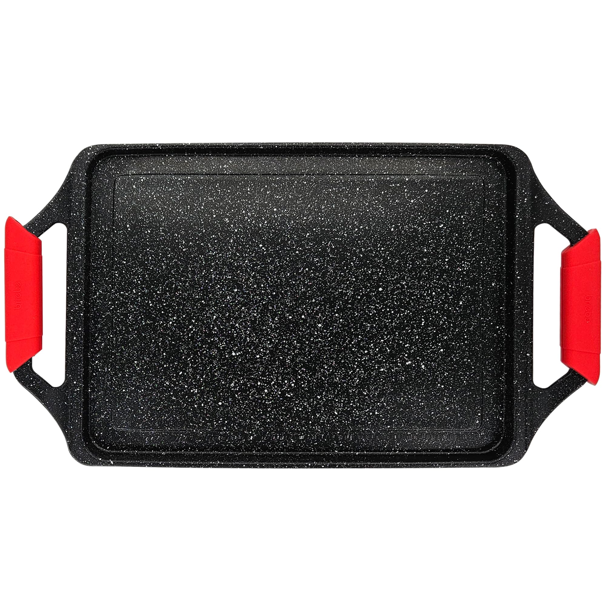 briebe Black Titanium Plaque à Griller Induction Anti-adhésif Titane, Fonte d'Aluminium, Plancha Grill 43 X 25cm, Revêtement sans PFOA, Poignées en Silicone, Vitrocéramique, Gaz, Four
