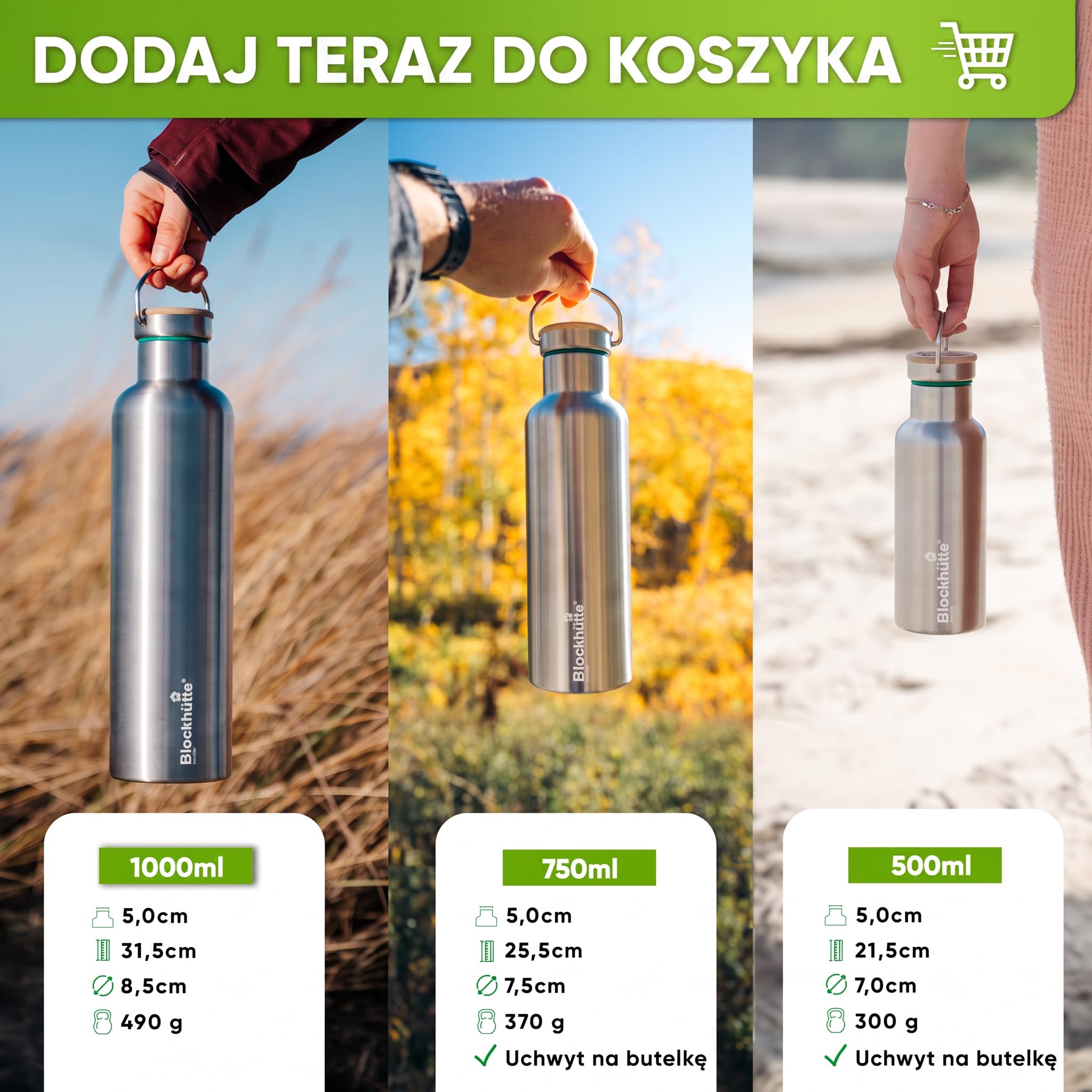 Blockhütte. Butelka na napoje, ze stali nierdzewnej, premium, izolowana, 750 ml, z ekologiczną szczotką do czyszczenia butelki, zabezpieczona przed wyciekiem, nadaje się do zmywarki, do sportu, bez bisfenolu A