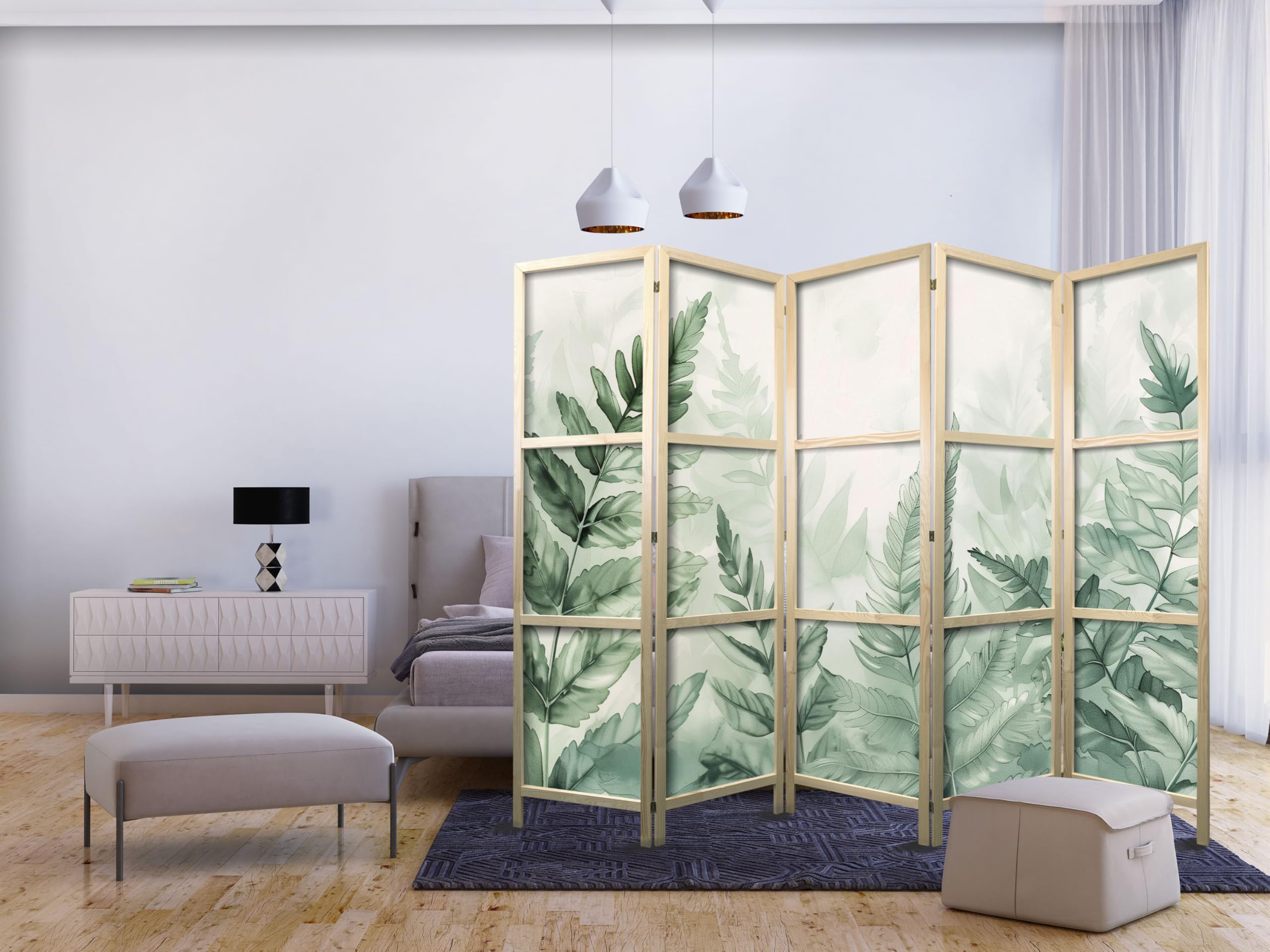 murando - Paravent Japonais Décoratif Intérieur, Feuillage, 225x172 cm | 5 Panneaux, Toile Imprimée, Séparation de Pièce, Impression sur une Seule Face, Pliable, Cadre en Bois, Moderne pour Salon
