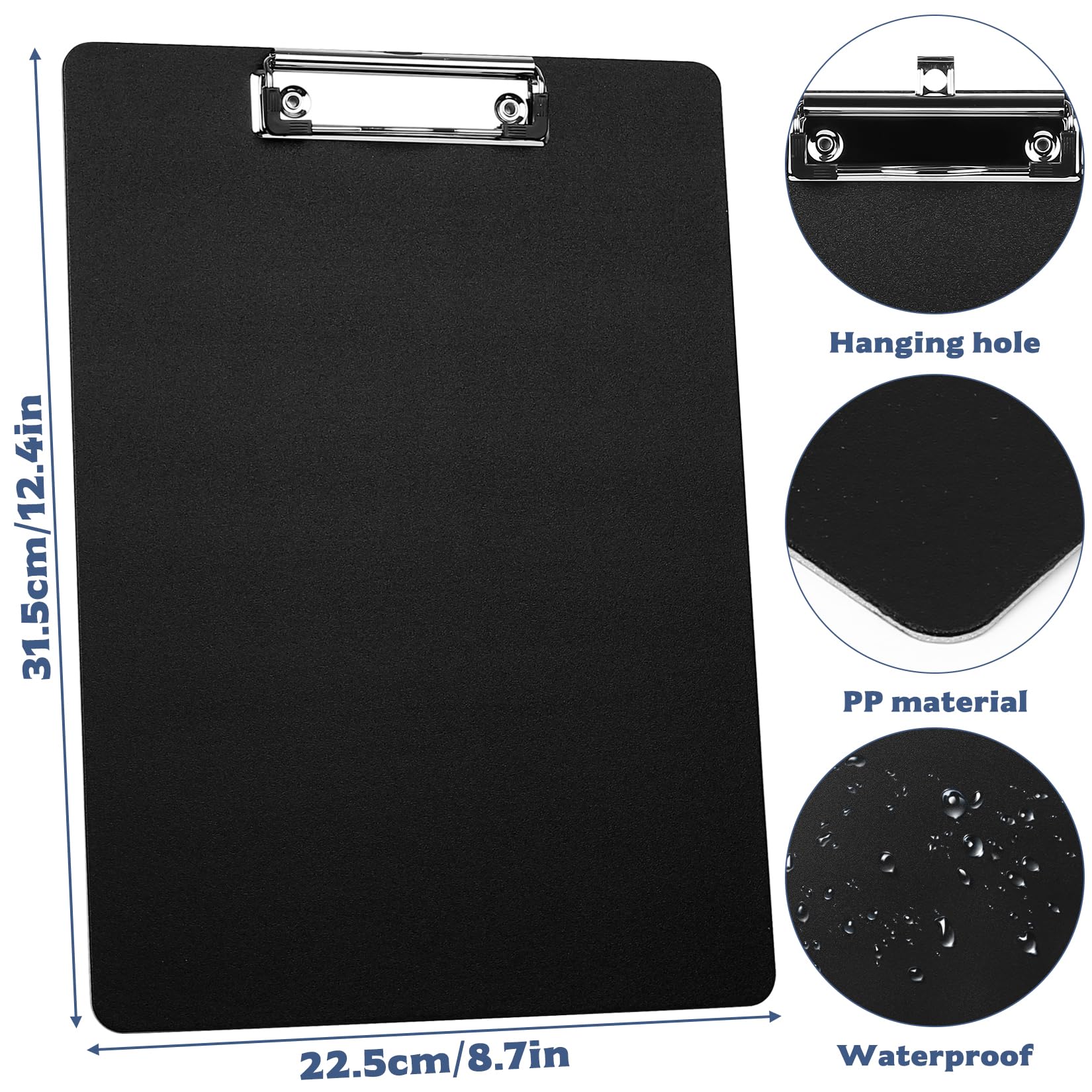 6 Pcs Portapapeles con Pinza A4, Carpeta con Pinza, Carpetas de Plastico con Gancho para Estudiantes, Profesores, Material de Oficina (negro)