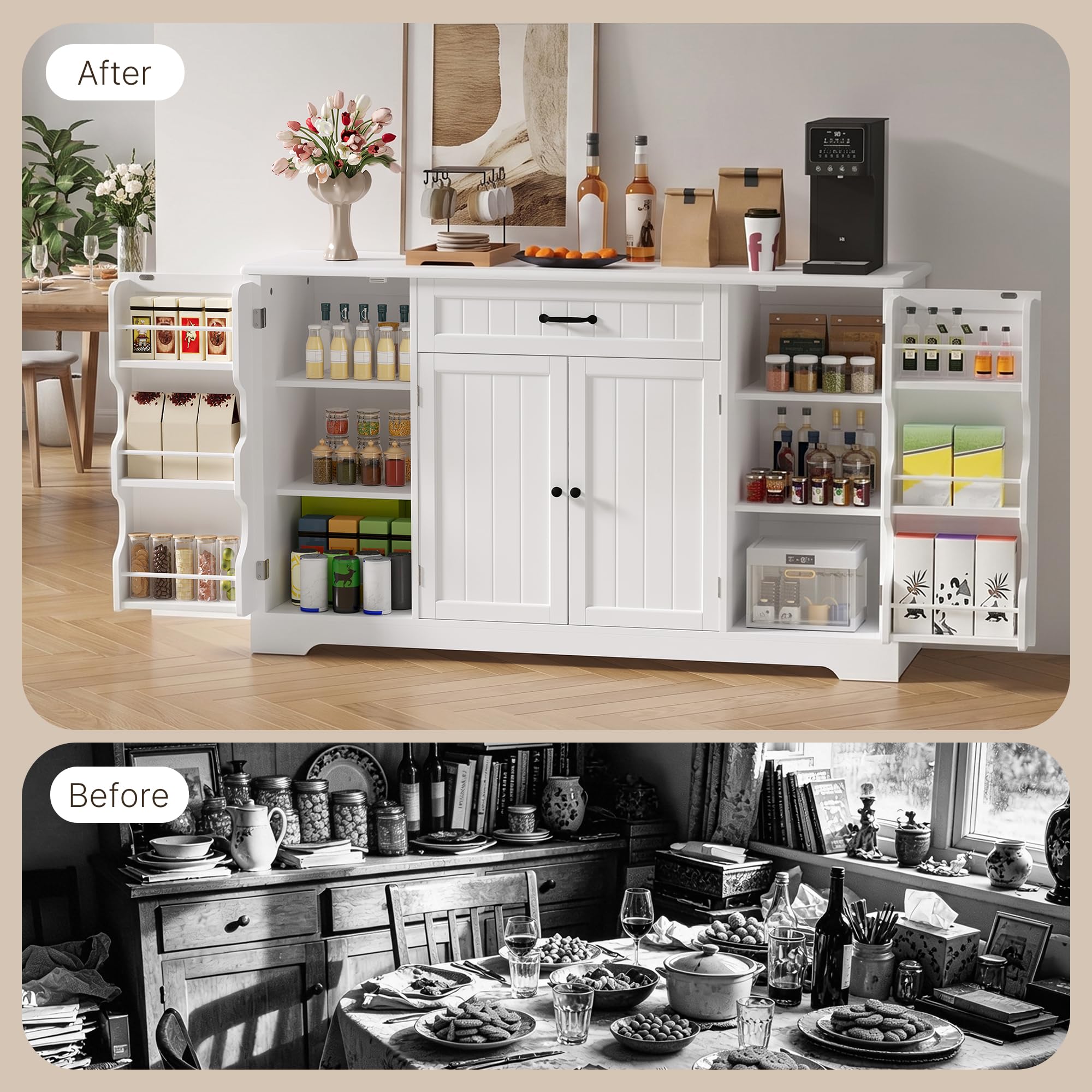 Xbro Sideboard, Küchenschrank mit Arbeitsplatte, Buffetschrank mit Schublade, 4 Türen und integrierten Türablagen, großer Stauraum, Wohnzimmerschrank für Küche und Esszimmer, Weiß