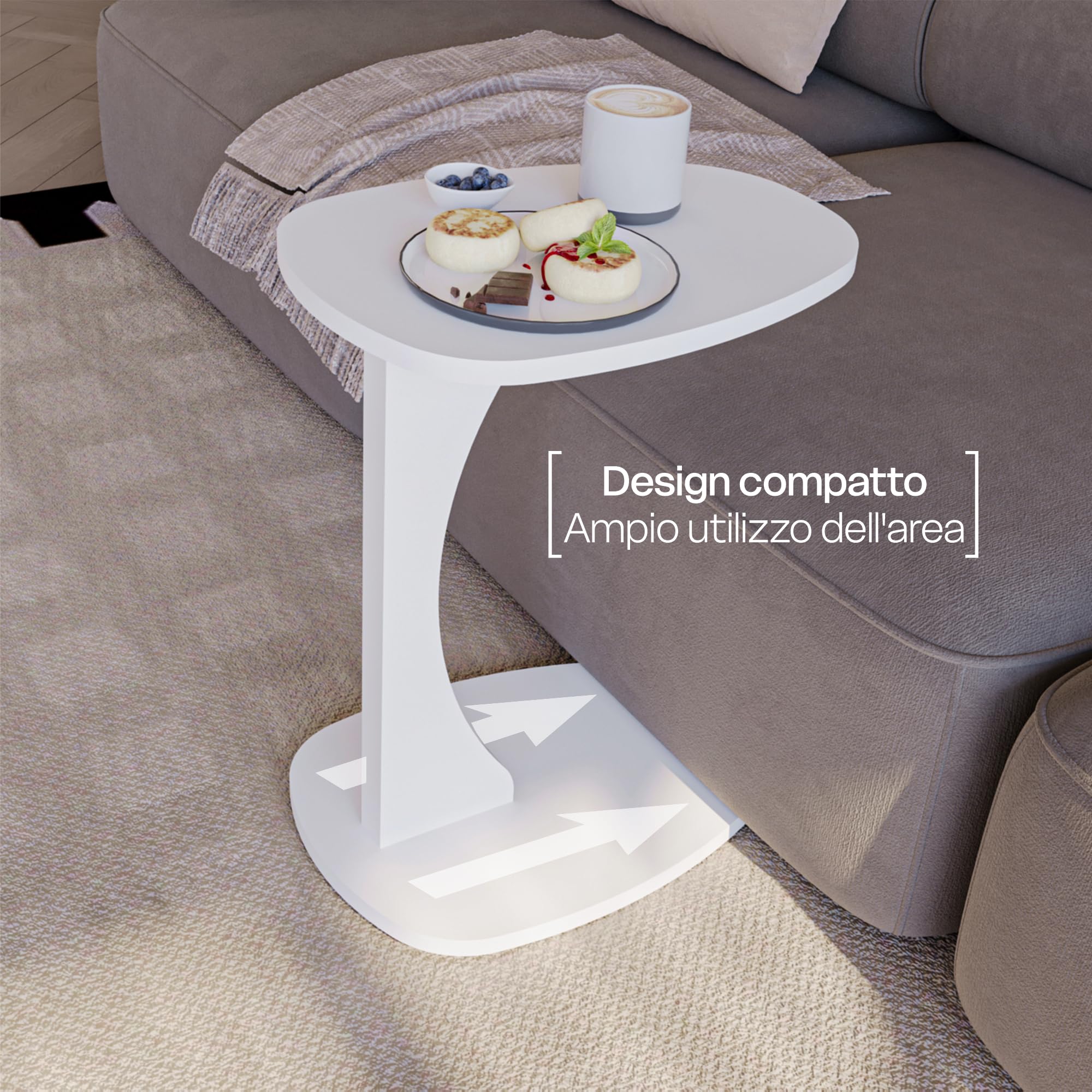 sugodesign Tavolino da salotto con ruote, piccolo tavolino a forma di C in stile bianco, piccolo tavolino da salotto ideale per computer portatili, tazze – Norma