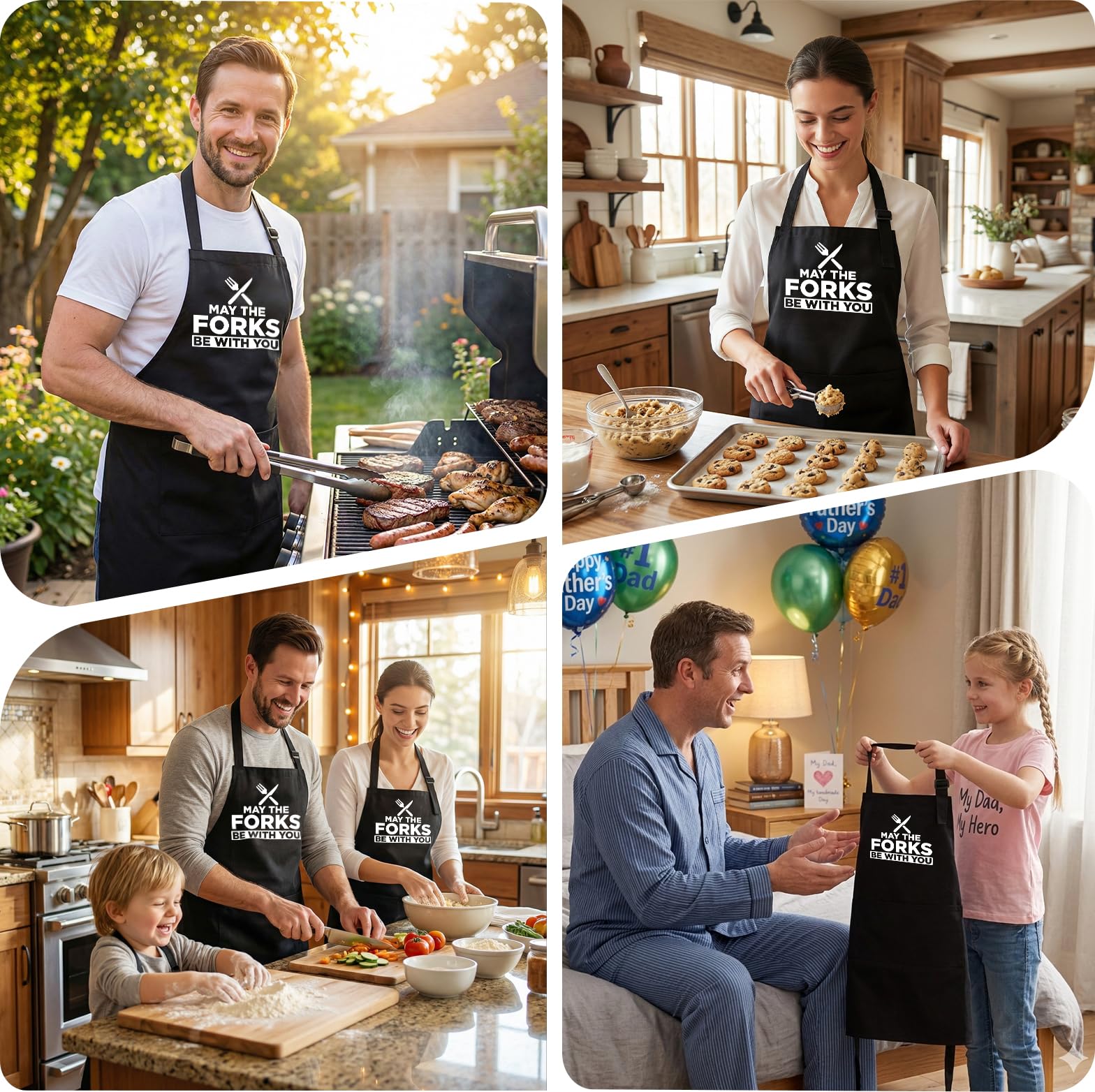 Tablier de cuisine pour homme avec inscription « May The Forks Be with You » - Tablier de cuisine amusant pour les fans de cinéma, tablier de chef noir, cadeau d'anniversaire pour homme, papa, mari