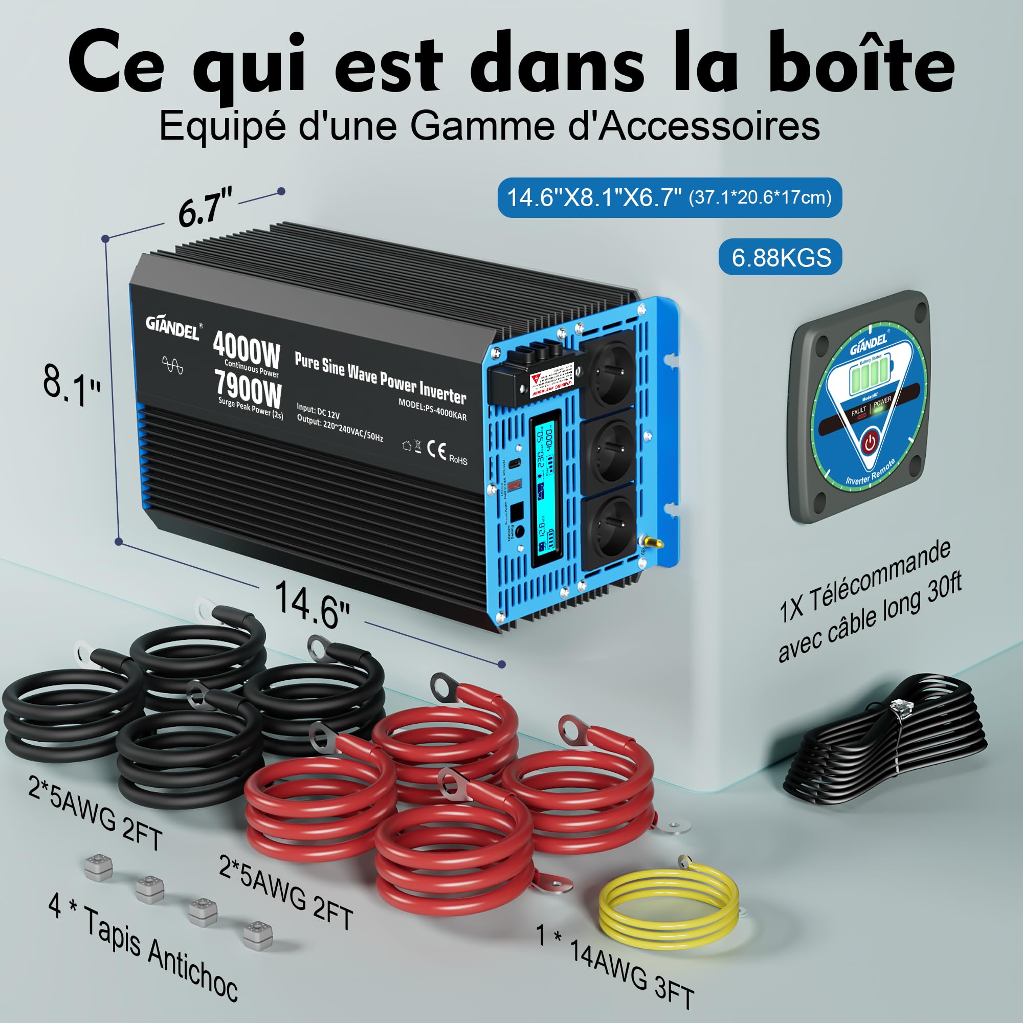 GIANDEL 4000W Convertisseur 12V 220V Pur Sinus 7900W Puissance de surtension Onduleur Onde sinusoïdale Pure Écran LCD Tension d'entrée Réglable pour la Maison, RV, Camion, Hors réseau Solaire