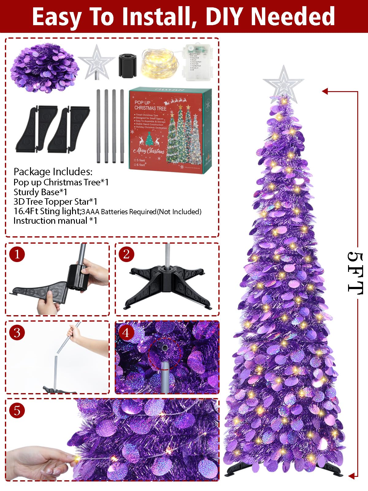 HMASYO Sapin de Noël pop-up de 1,5 m avec lumières minuterie, sapin de Noël artificiel pliable pour intérieur, maison, appartement, porche, décorations de fête de vacances - Violet