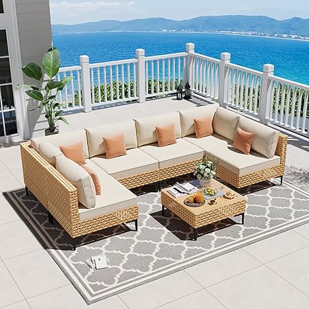 ABCASA Patio Furniture Set, 110" Large 7-Piece Wicker Outdoor Patio Furniture Sets with Coffee Table,Boho Patio Conversation Set Sectional Sofa with All-Weather Cushions for Backyard,Porch,Beige