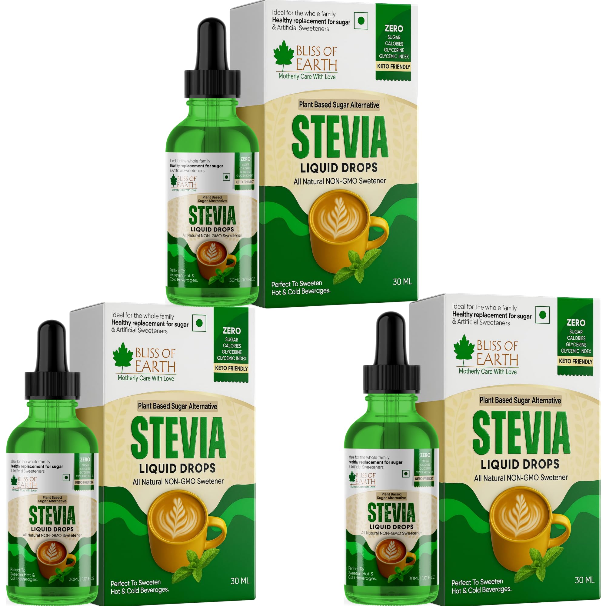 Bliss of Earth 3X30ml Original 99.8% REB-A Stevia Liquid Drops, Glycerine Free Keto Sugarfree Sweetener in Glass Bottle