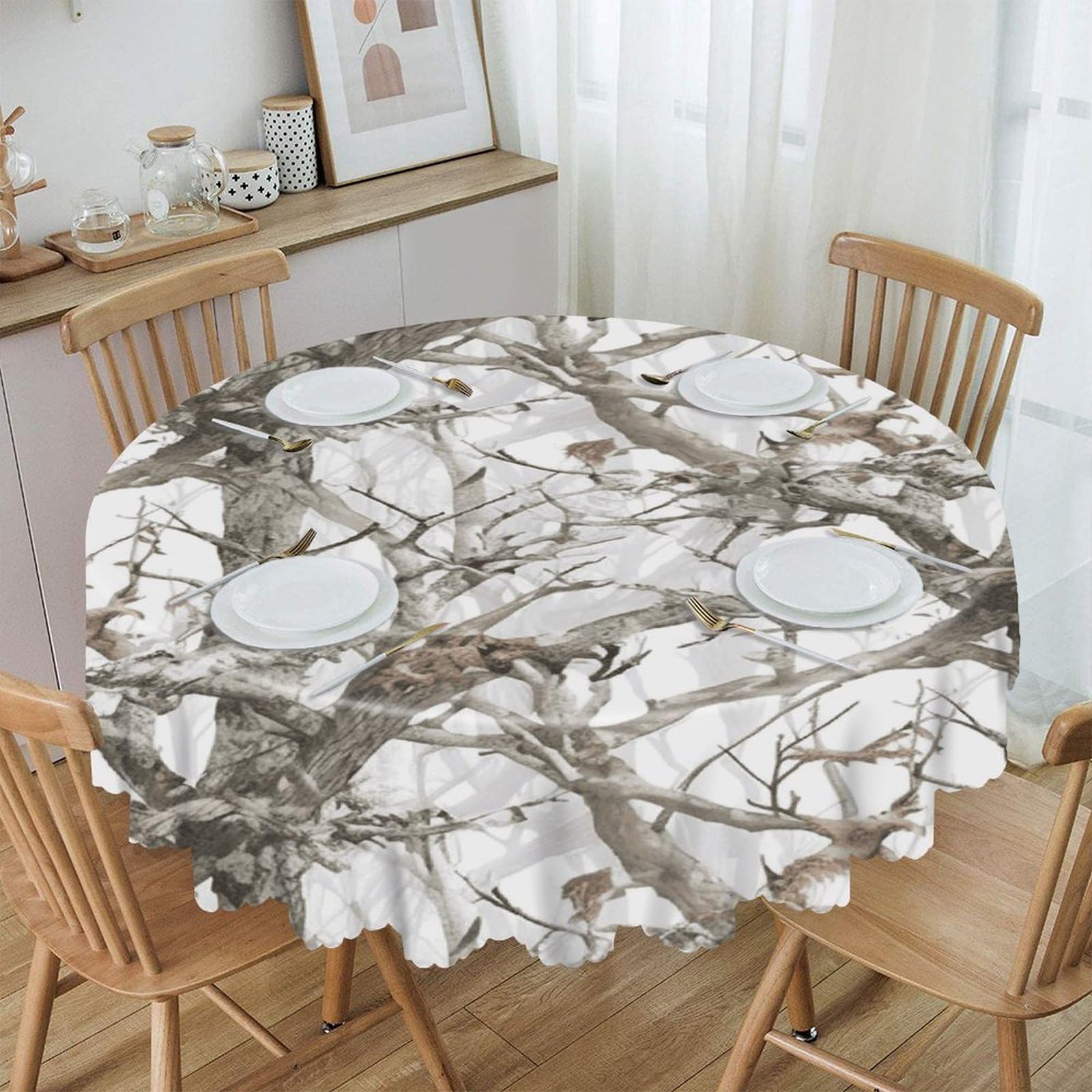 FekiLoot White Tree Camo Round Tablecloths 60 Inch Resistant Washable Polyester Table Cloth Style Decorative Circle Fabric Table Cover for Dining Kitchen Party Farmhouse Outdoor
