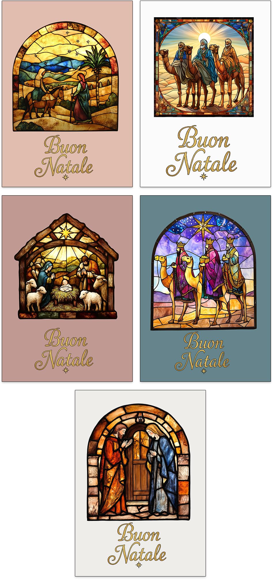 Set di 30 Biglietti di Natale Religiosi A6 con Vetrate 10 Design Cristiani Buste Bianche