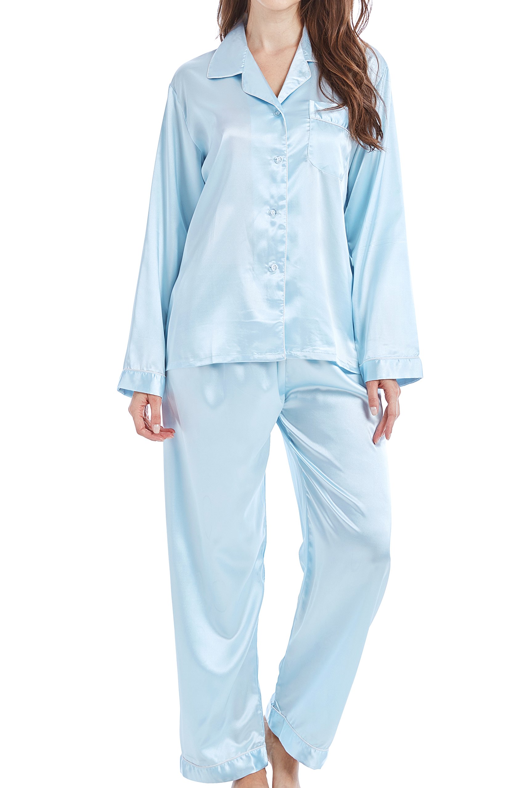 Women’s Pyjama Set Satin Long Sleepwear Nightwear Loungewear (Light Blue, Medium)