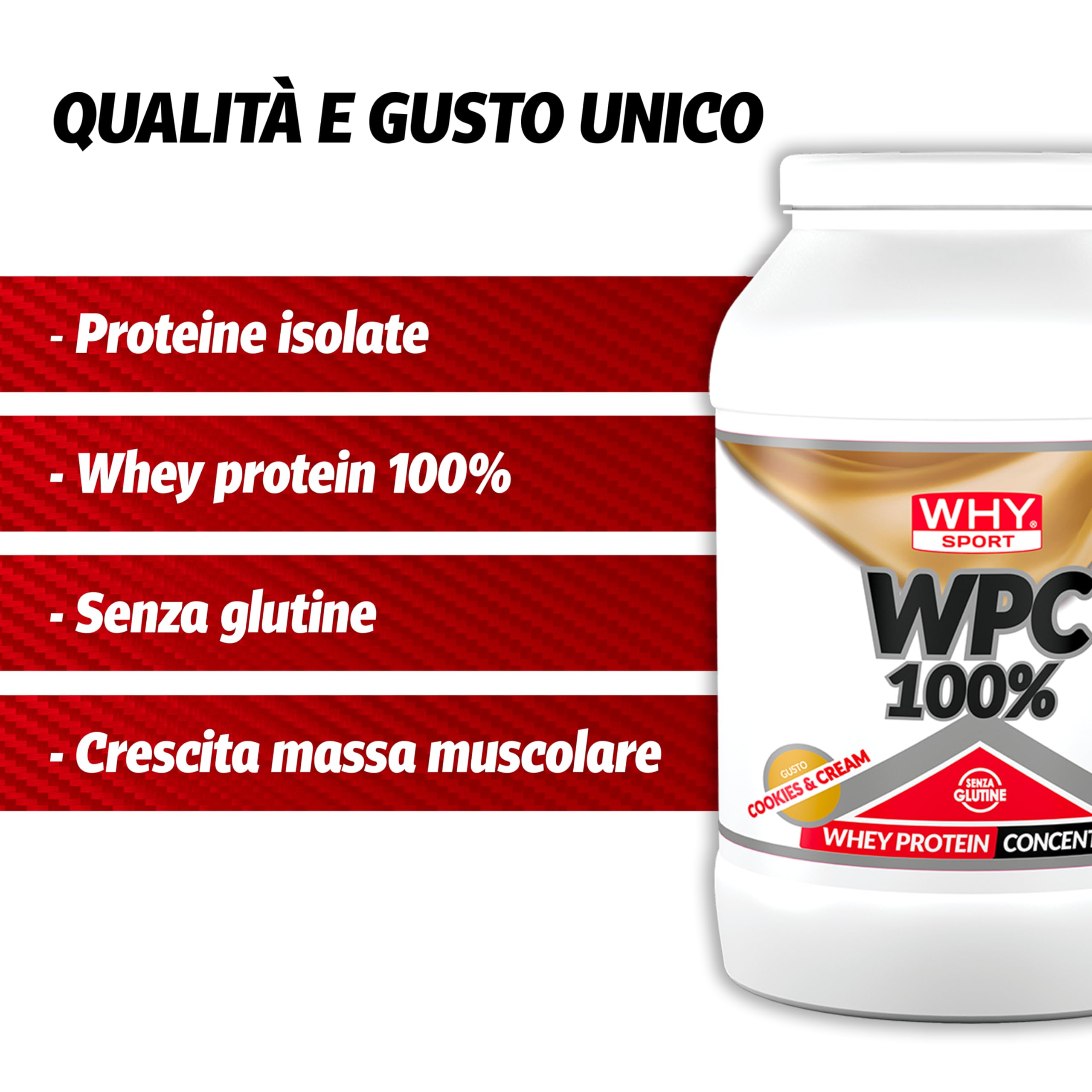 WHY SPORT WPC 100% WHEY - Proteine Whey - Proteine in Polvere per la Massa Muscolare - Senza Glutine - Gusto Cookies & Cream - 2 Kg