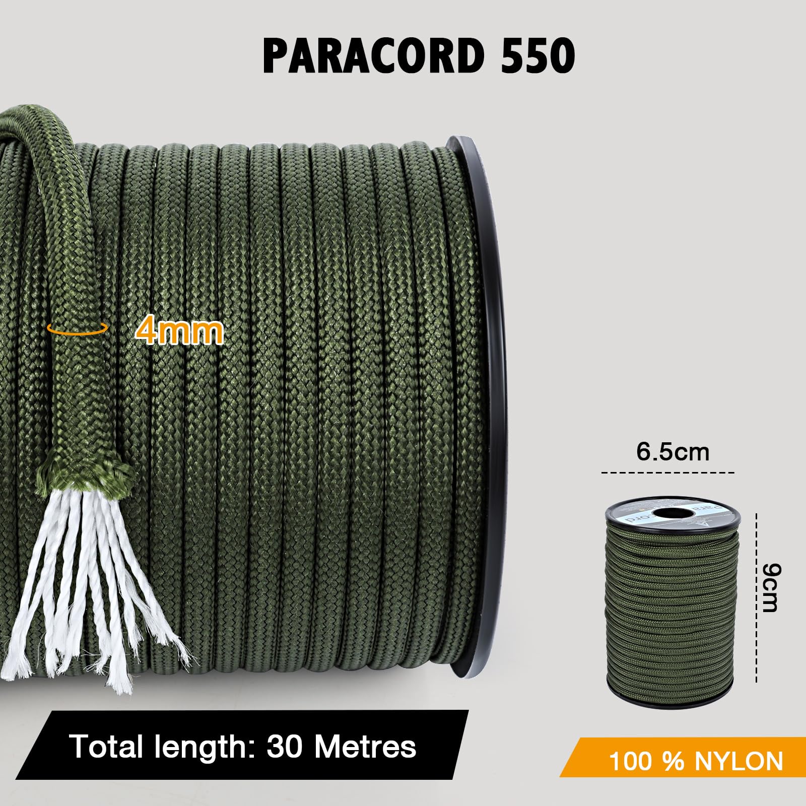 AiQInu Paracorde 4mm, 30m Corde Escalade, 9 Brins Corde en Nylon Résistance 250kg, Paracord Multifonction pour Escalade, Camping, Randonnée et Bobine pour Bracelet,Vert Militaire