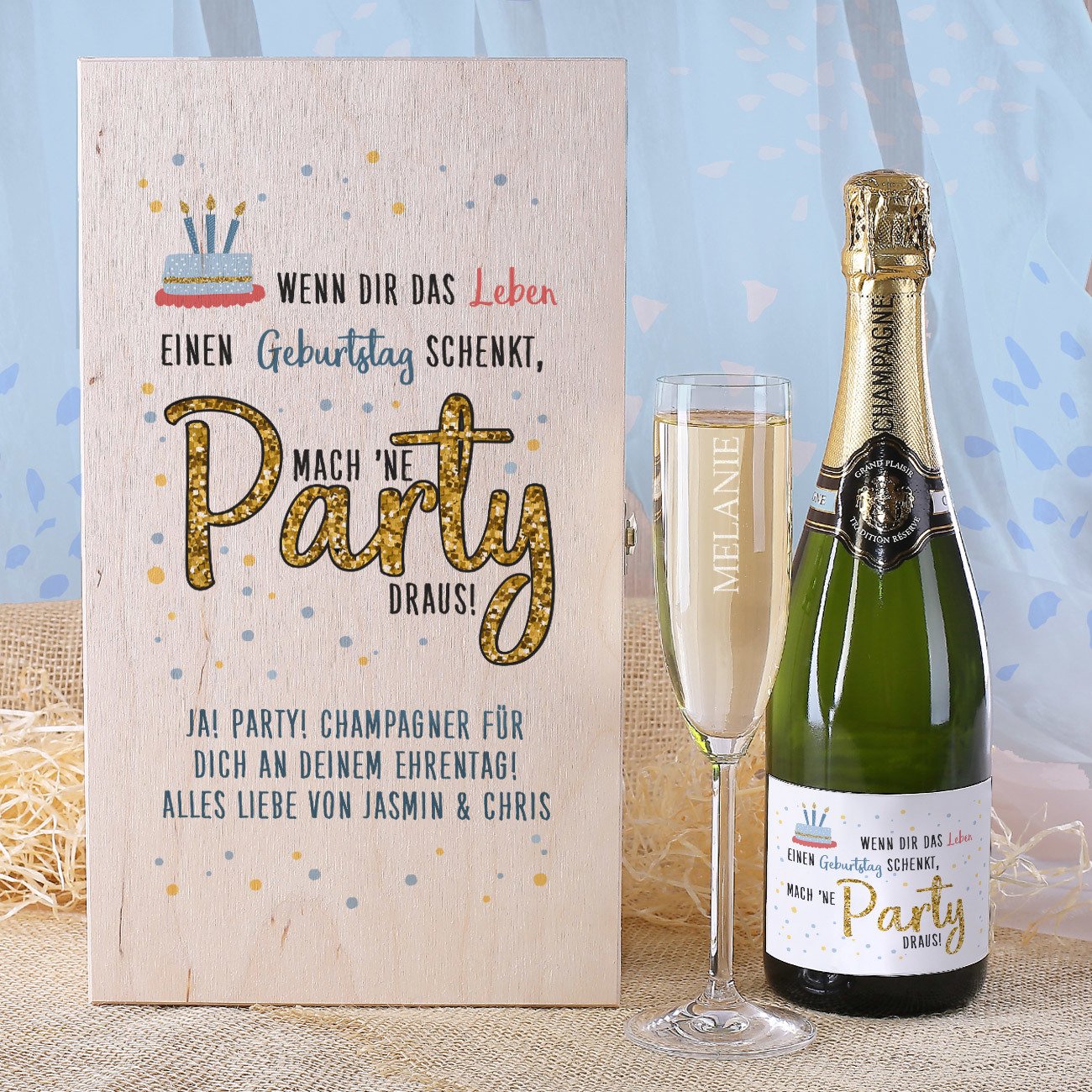 Herz & Heim® Champagner Geschenkset Grand Plaisir Tradition Réserve mit graviertem Sektglas in edler Holzverpackung