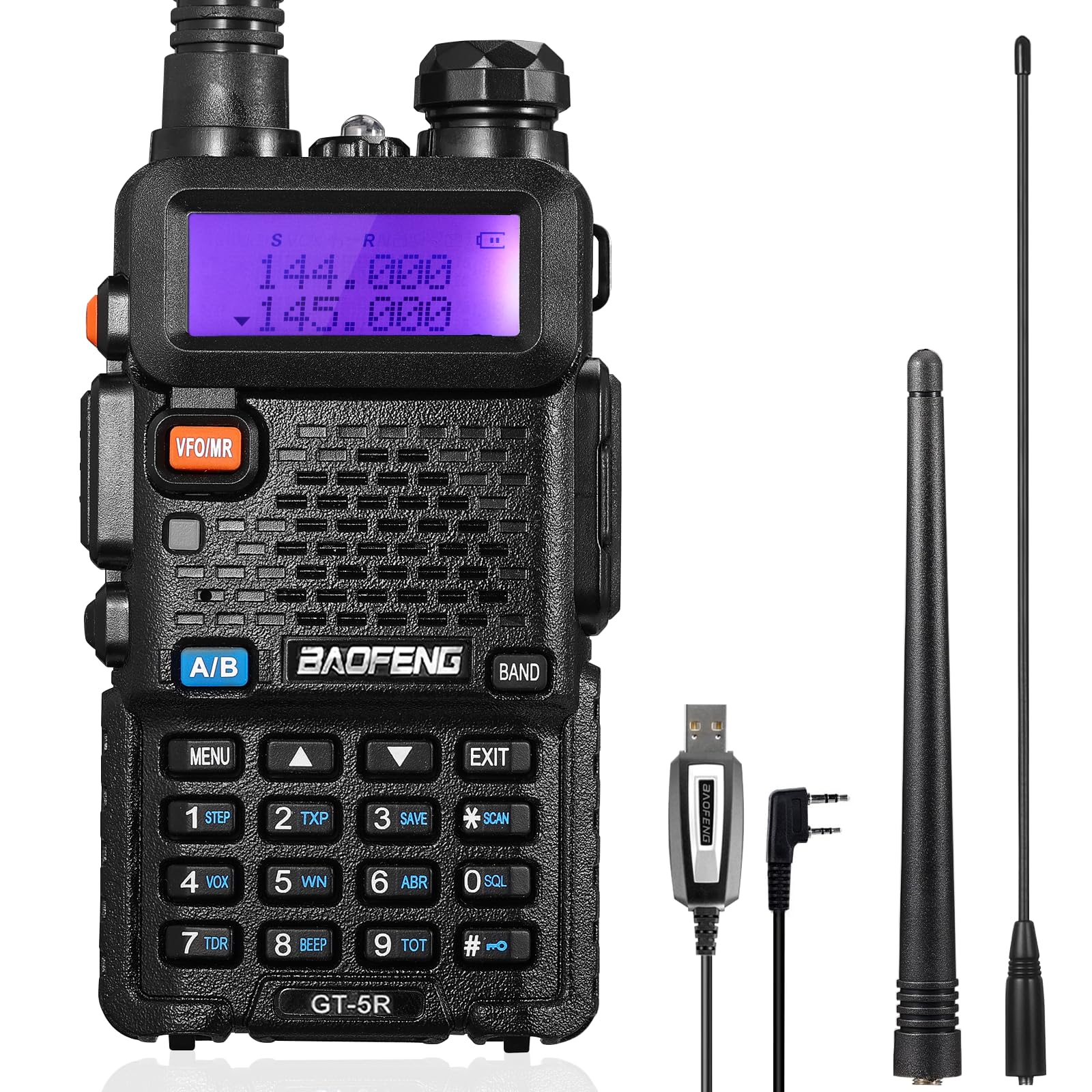 BAOFENG GT-5R Walkie Talkie, Radio Bidirezionale UHF VHF con 144-146/430-440 MHz, Radio Amatoriale a Lungo Raggio con 128 Canali, 1800 mAh Batteria, Cuffie, Antenna da 396 mm, Cavo di programmazione