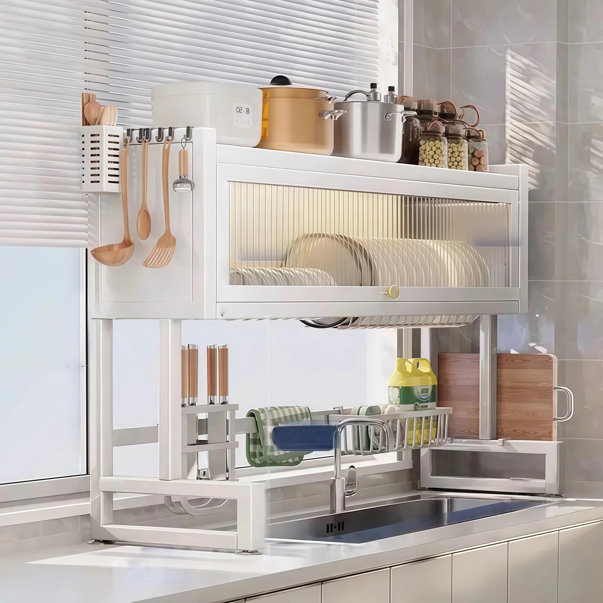 Estante Compacto sobre Fregadero | Escurridor con cubierta protectora y soportes modulares(Wit,37"/95cm)