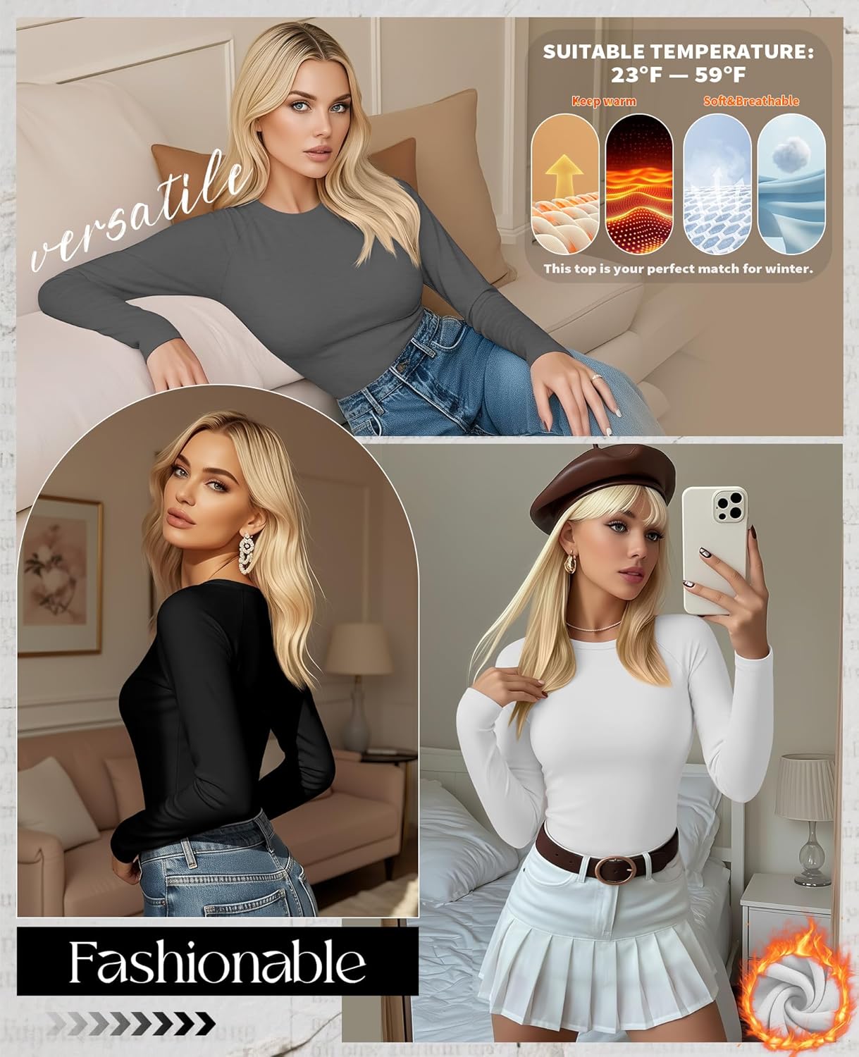 3 Pack Women's Thermal Shirts Fleece Lined Long Sleeve Top Crew Neck Raglan Thermal Winter Base Layer Undershirts - Image 2