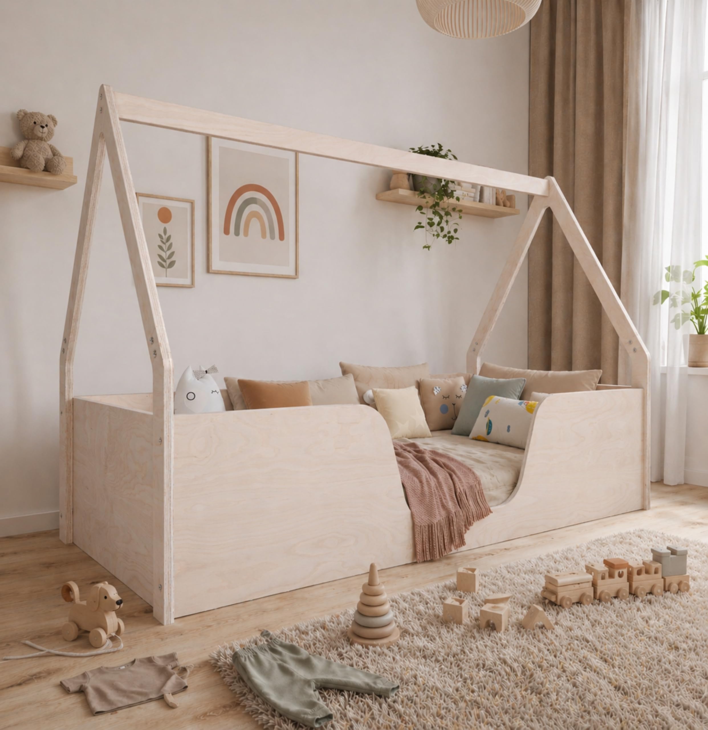 OSONO | Nido Fort S Hausbett Kinder 120x200 cm aus Naturholz | Montessori Bodenbett mit Rausfallschutz & Lattenrost | Kinderbett im skandinavischen Stil
