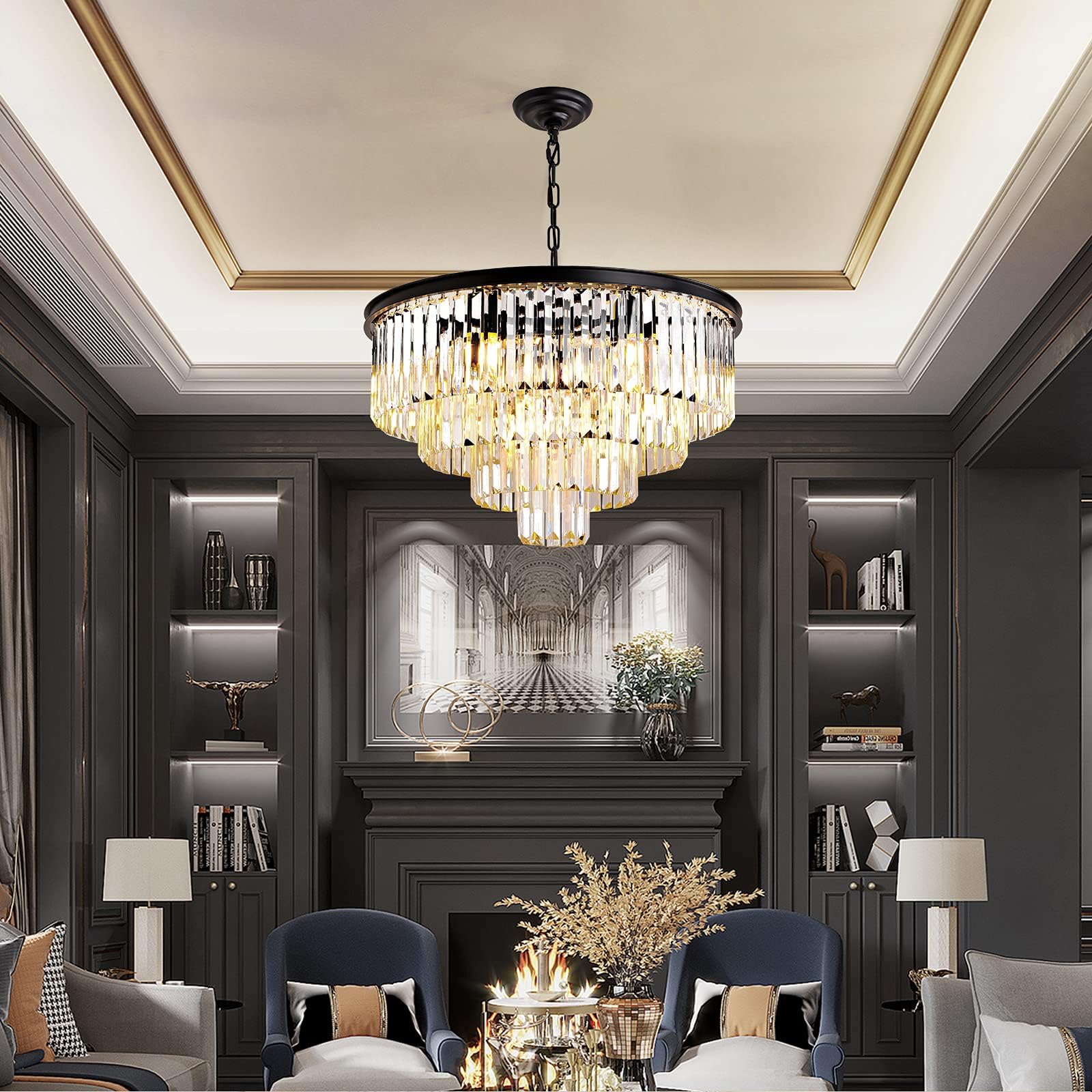 Schwarzer K9-Kristallkronleuchter Rund 60cm 9xE14 dimmbar Deckenlampe für Wohnzimmer Schlafzimmer Küche Eingang Foyer