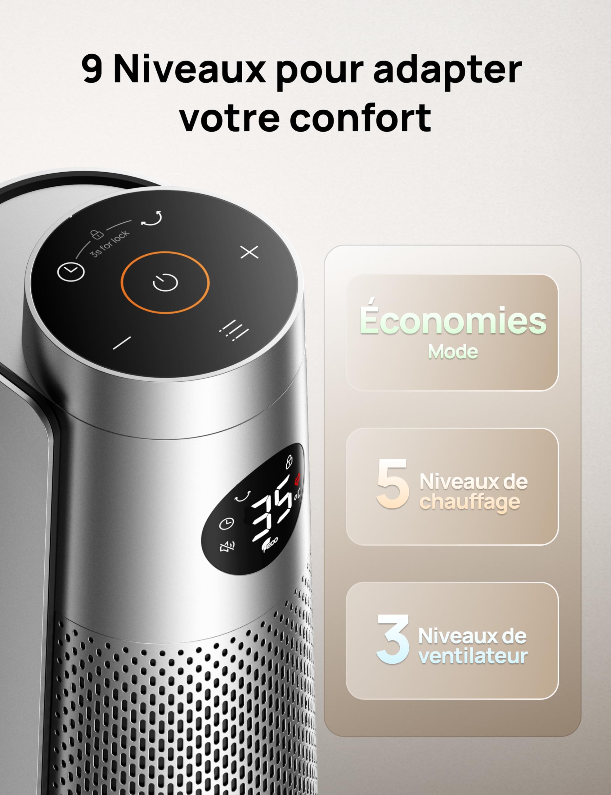 Dreo Chauffage soufflant éco-énergétique 2000W avec télécommande, 25 dB silencieux, oscillation 120°, thermostat, 5 modes 3 vitesses, protection 7 niveaux, minuterie 12h, chauffage céramique PTC