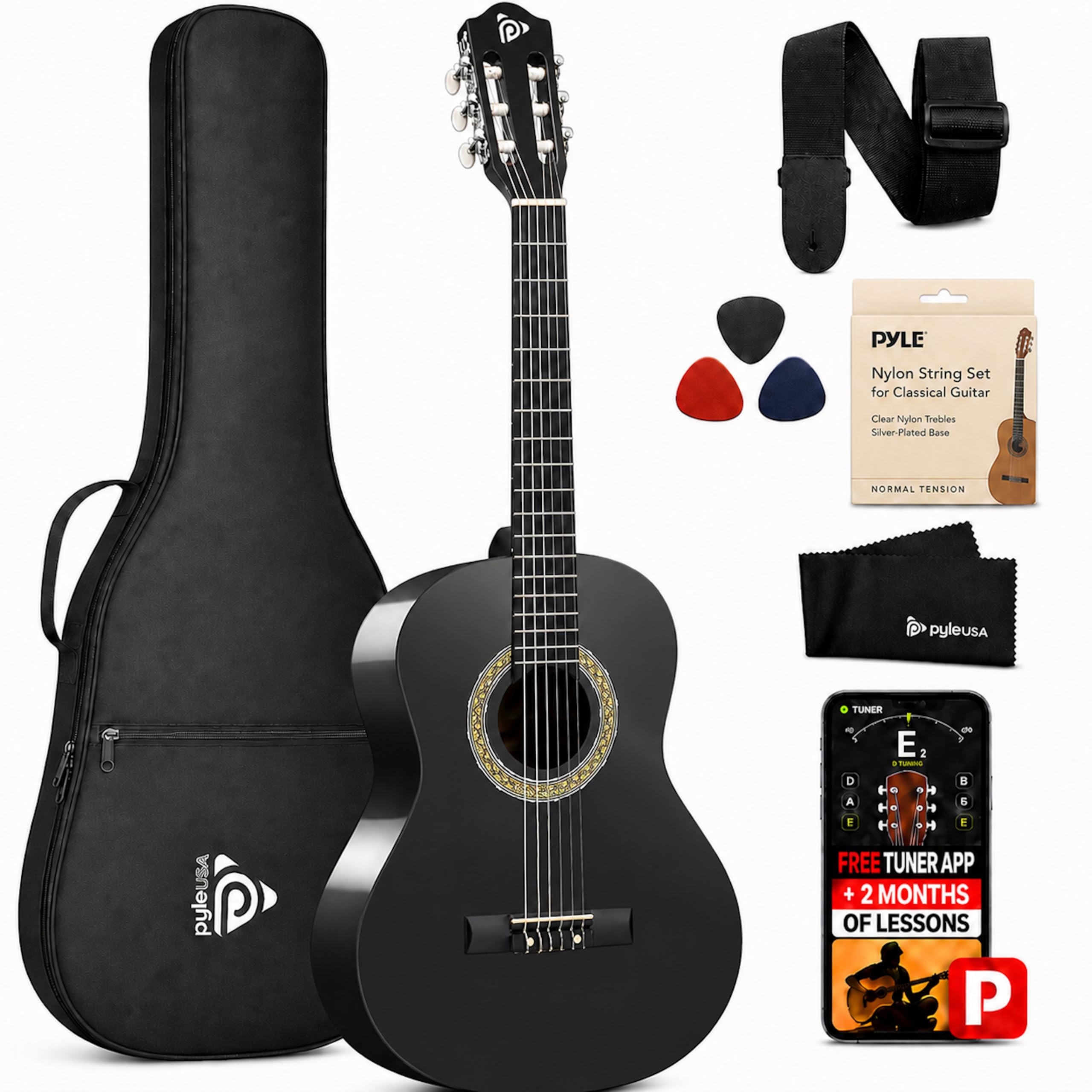 Pyle Zestaw Gitary Akustycznej Dla Początkujących, Instrument Drewniany Junior 1/2, 34" Czarny Matowy