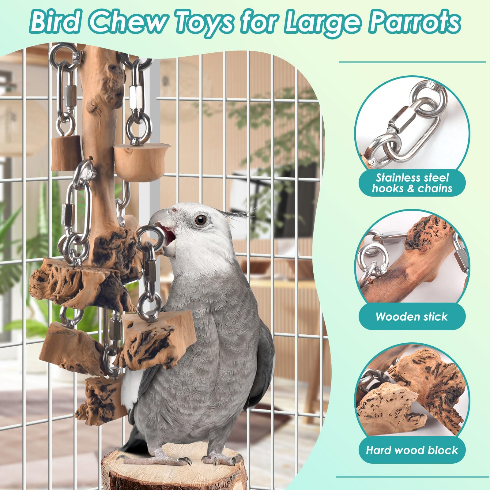 Bird Toys for Parrot, Durable Stainless Steel Large Birds Chew Toy, Hanging Detachable Natural Hardwood Blocks for Medim to Large Eclectus, African Greys, Amazon Parrot, Cockatoo - image 3